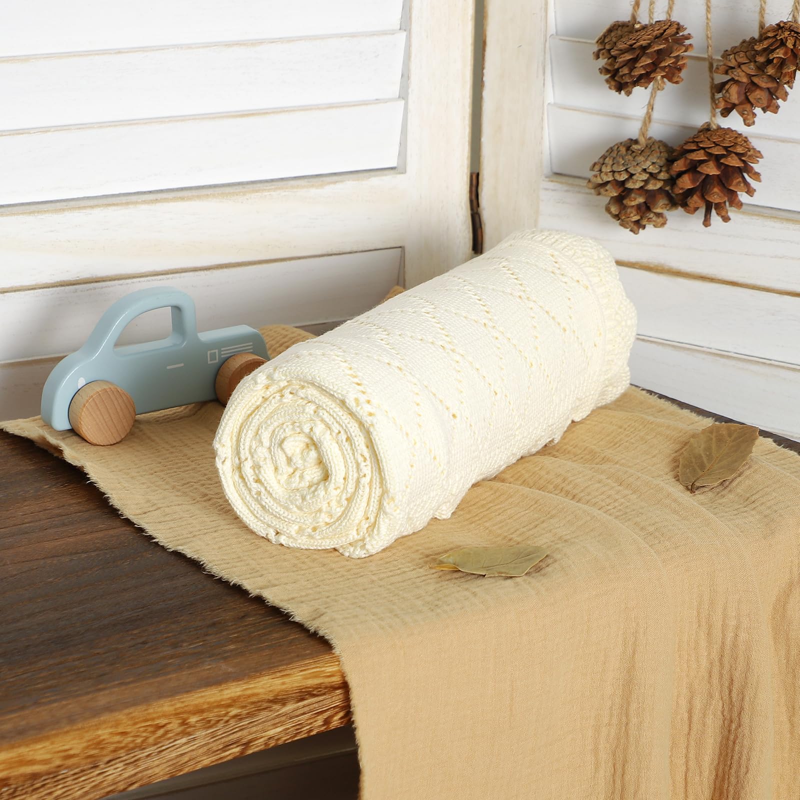 mimixiong Cotton Cellular Baby Blanket Soft Lace Cozy Baby Blankets for Newborn Boys Girls (Ivory) - Image 2