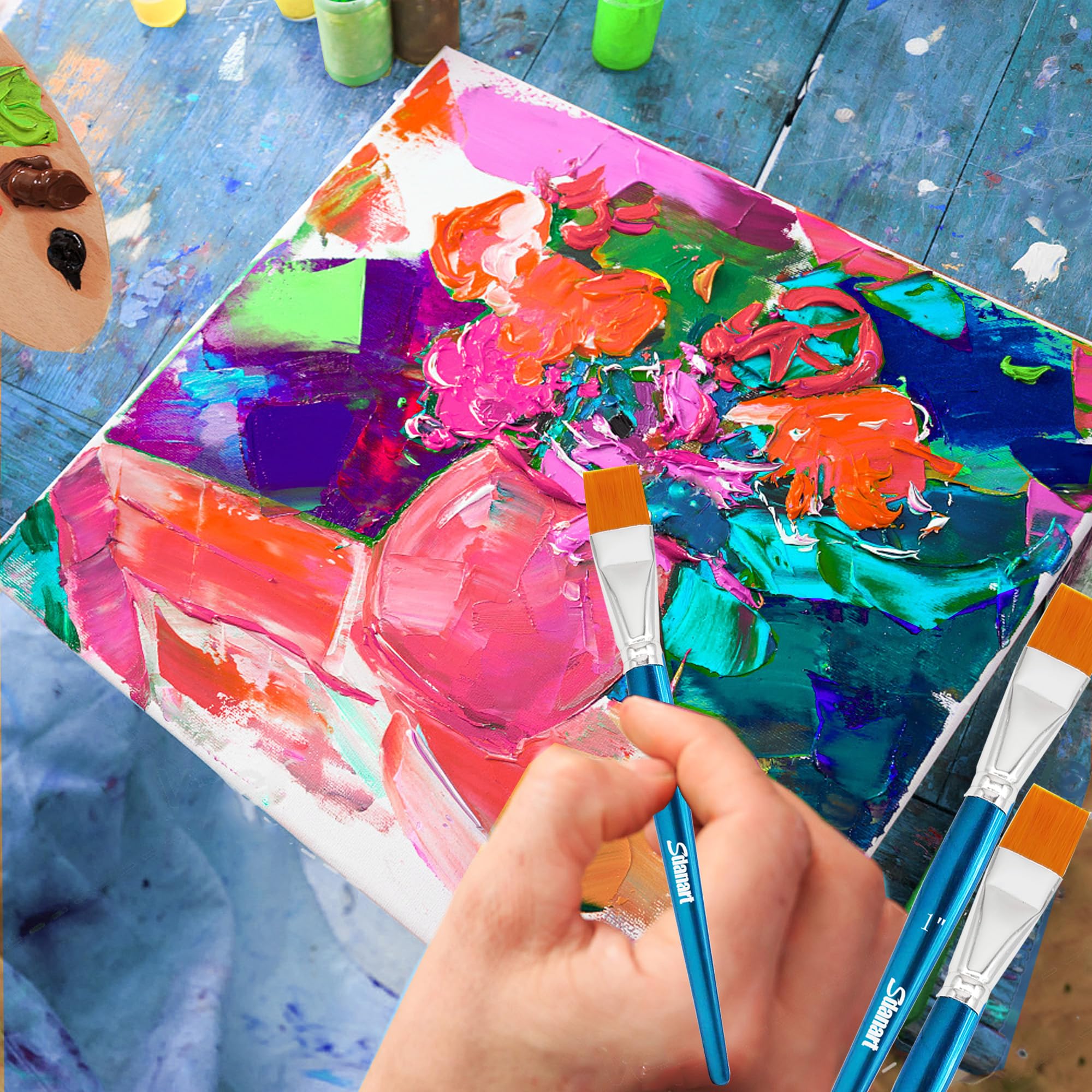 Sdanart Pinceles planos de 1 pulgada para pintura acrílica, 3 pinceles grandes de pintura acrílica a granel, pinceles de pintura de tela, pinceles de manualidades, pinceles de artistas para acuarela,