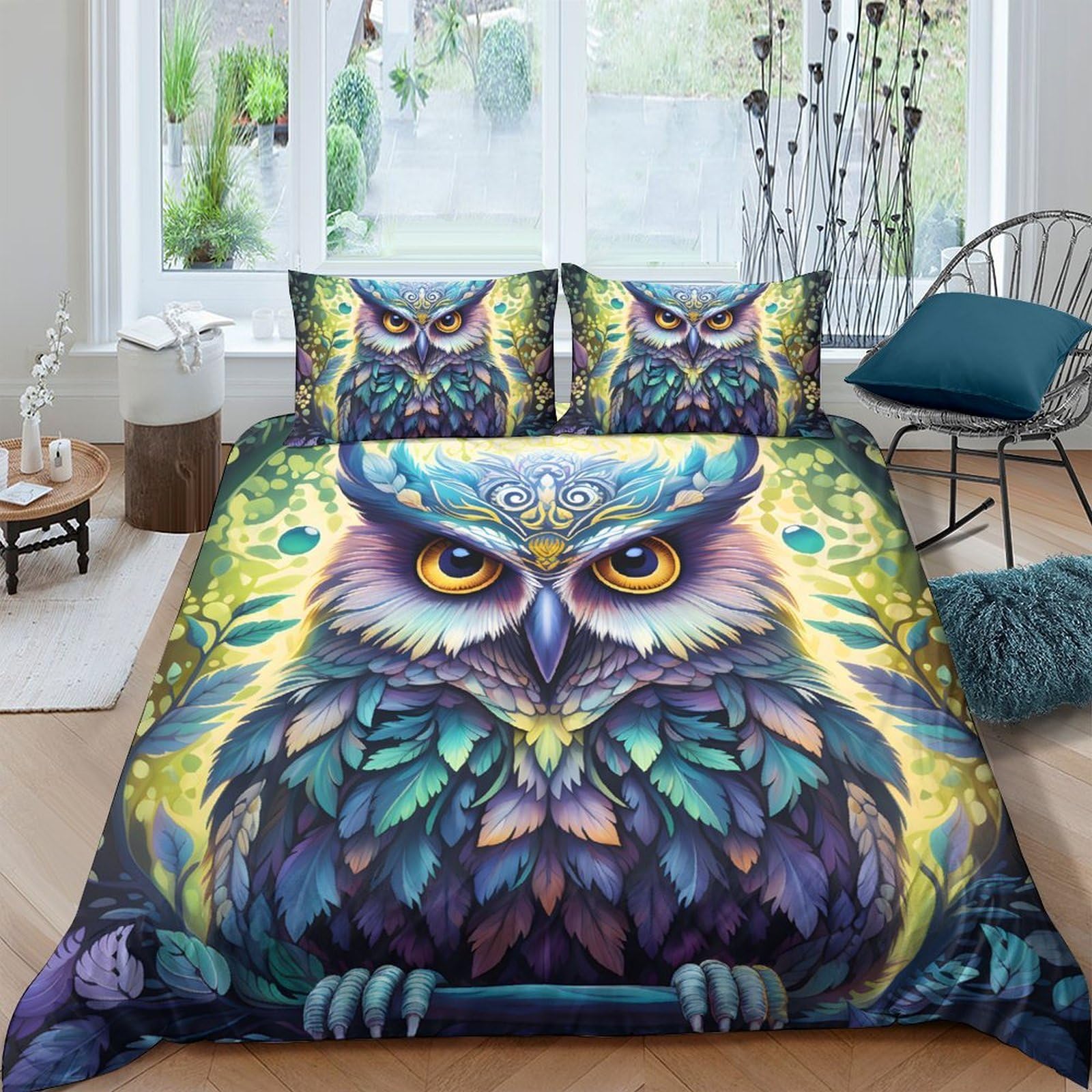 P5V6M1Q9 3D Printed Colorful Owl Duvet Cover Microfiber Soft Breathable Forest Night Bedding Set with 2 Pillowcases for Bedroom Decor Single（135x200cm）