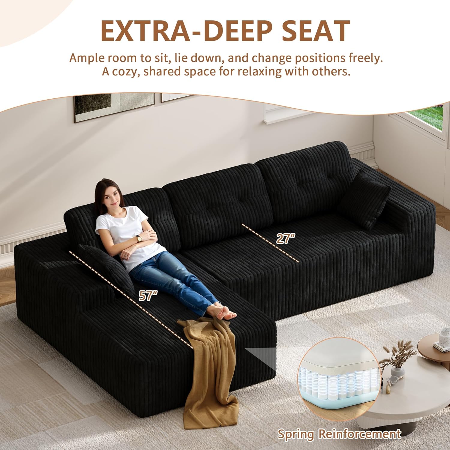 Ball & Cast 106" Modular Sectional Sofa, Cloud Corduroy Couch with Deep Seat, Boneless L-Shaped Sectional, Upholstered Modular Sofa for Living Room, No Assembly Required (Black, Left Facing Chaise)