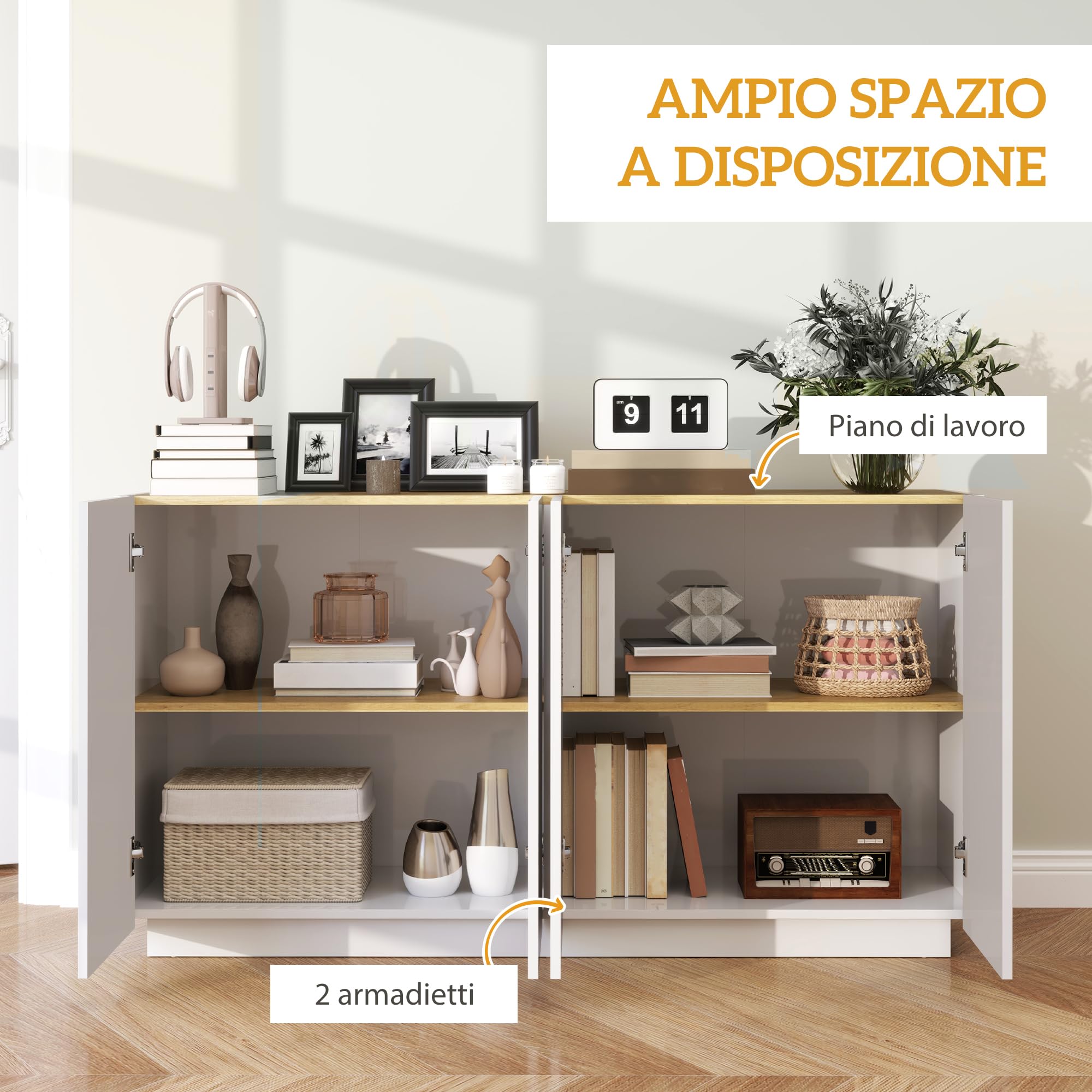 HOMCOM Credenza Soggiorno con Armadietti a 2 Ante, Madia Soggiorno Moderna con Ripiani Regolabili e Chiusura Ammortizzata, per Sala da Pranzo e Soggiorno e Salotto, 140x40x75 cm, Bianco Lucido
