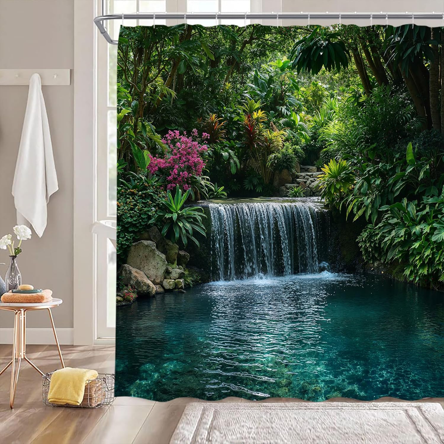 Waterfall Shower Curtain Forest Landscape Tropical Jungle Rainforest Nature Scenery Green Tree Lake 70" Wx84 H Fabric Bathroom Decor Curtain with Hooks