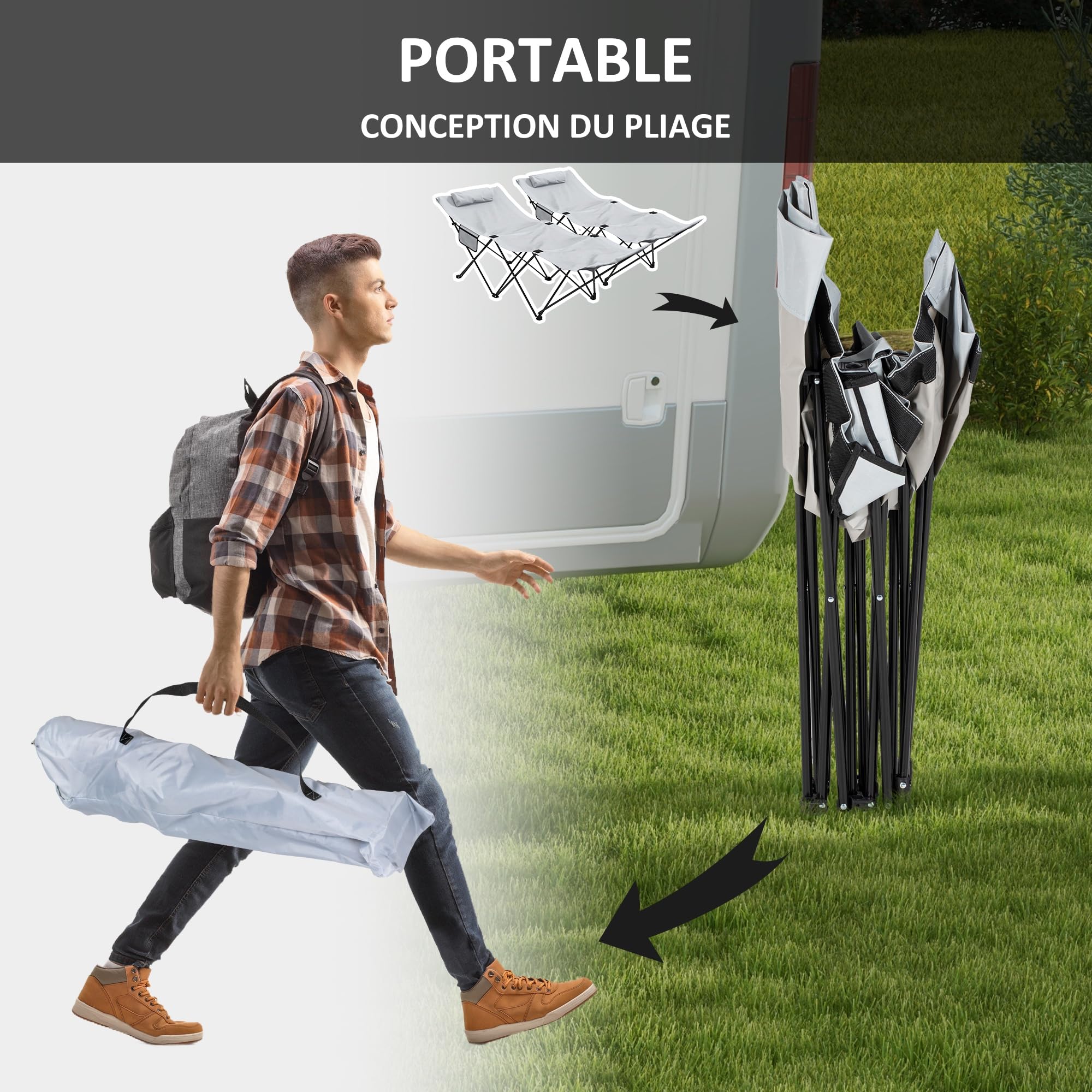 Outsunny Lot de 2 Chaise de Camping Pliables, transats Bains de Soleil avec Appui-tête, Poche latérale, chaises Longues en Tissu Oxford, châssis en Acier, Gris