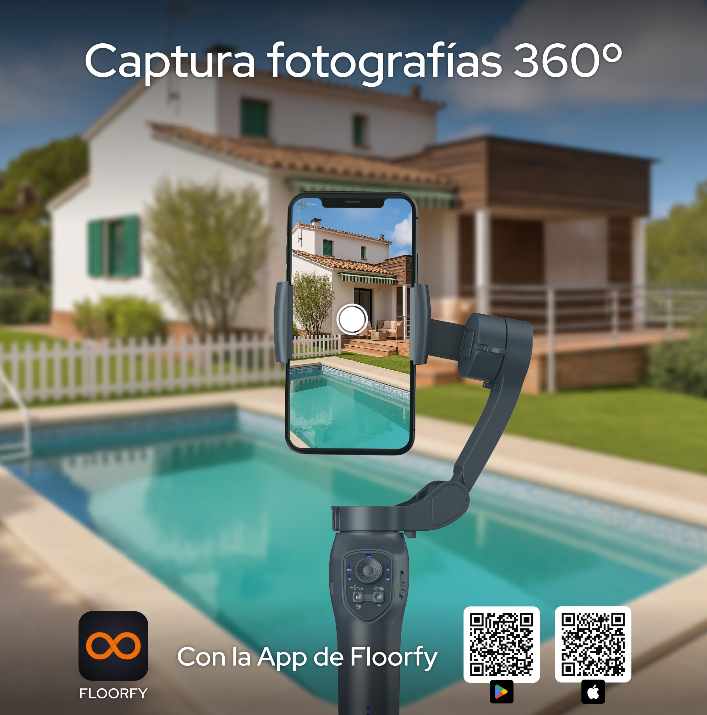 GYRO Floorfy. Estabilizador Inteligente de Tres Ejes para teléfonos, Brazo Extensible Integrado, para Android y iPhone. CREA Tours virtuales con la App de Floorfy