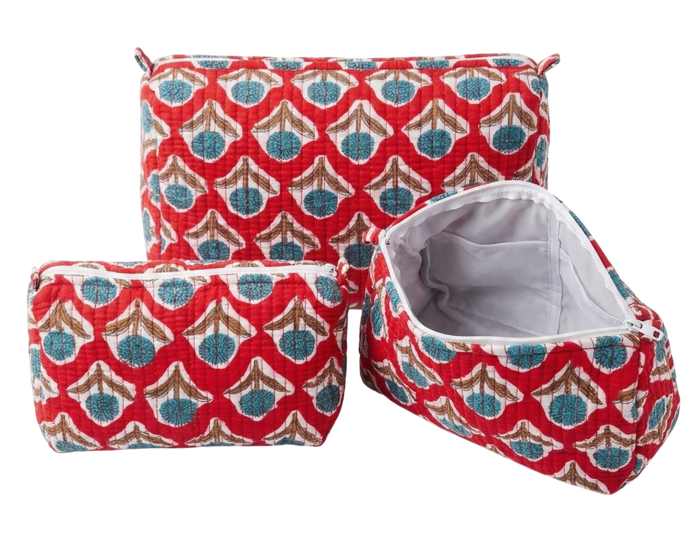 quilted cotton makeup pouch set of 3 for women handblock floral print cosmetic organizer bags with waterproof inner lining zipper closure travel toiletry storage combo rose pink