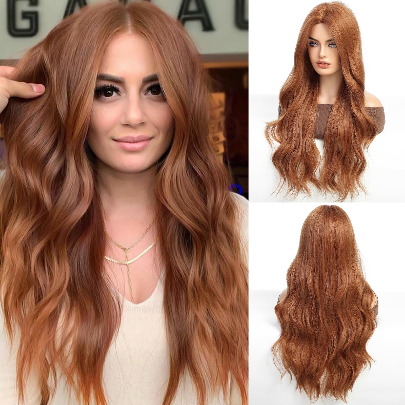 HAIRCUBE Long Auburn Wigs for Women, Synthetic Curly Hair Wig Middle Parting