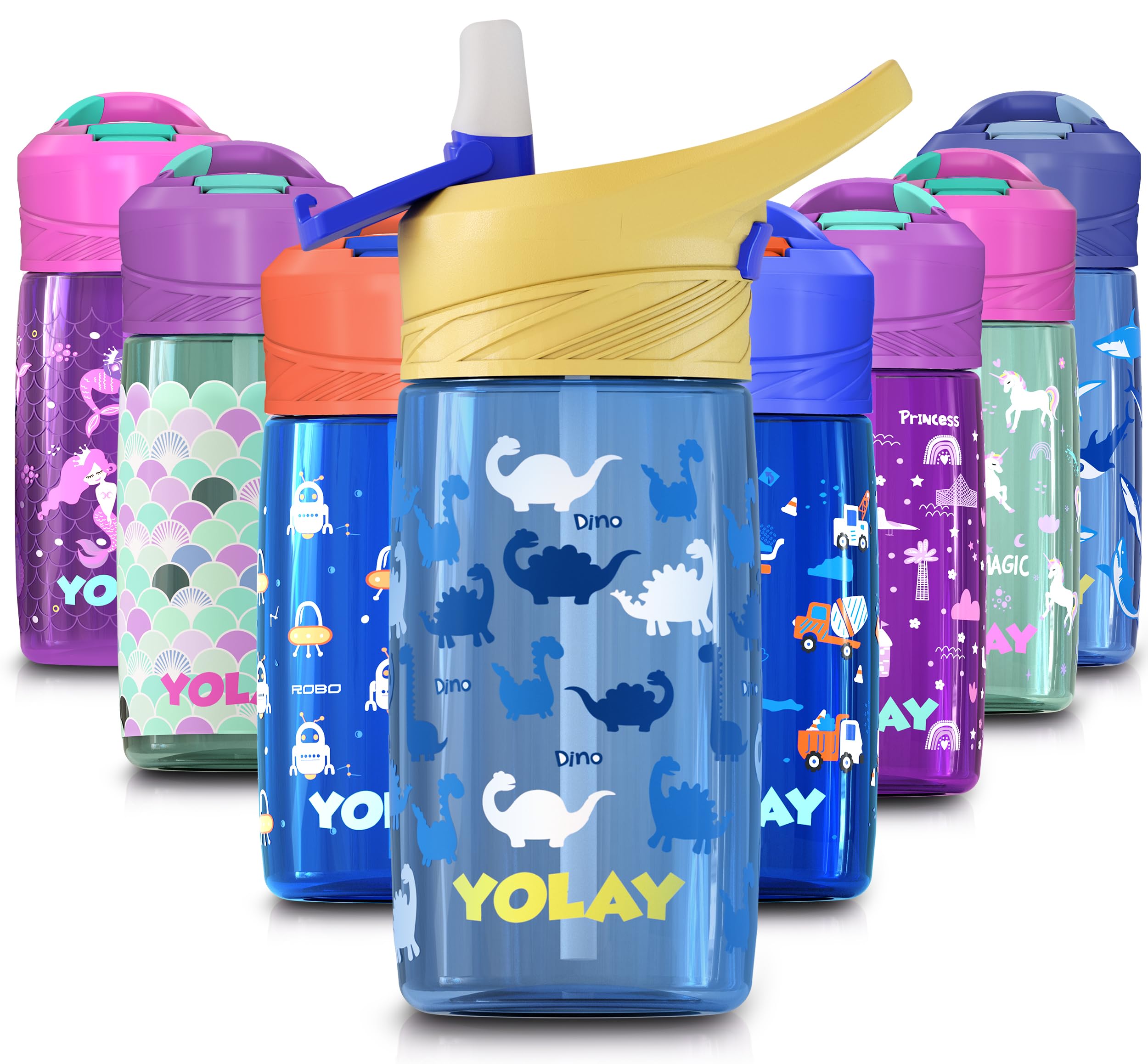 YOLAY 15oz Kids Water Bottle For School Boys and Girls, Durable Toddler Water Bottle with Straw Lid Leak-Proof, Spill Proof, Easy Clean and Dishwasher Safe with Re-Usable and BPA Free - Dino