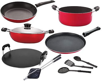 NIRLON Nonstick Heavy Gauge Aluminium Cookware Combo Gift Set with Lid -9 Pieces [FT13_DKD(M)_RT_HT_Cass20_TP24_3SPN]
