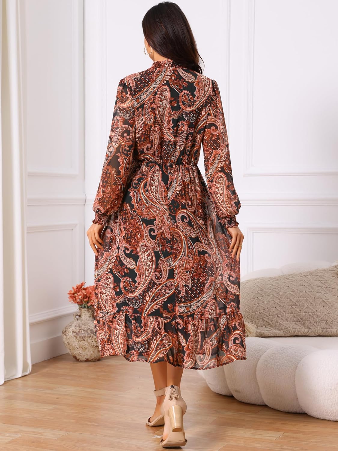 Seta T Women's Boho Dresses V Neck Long Sleeve Smocked Cuff A-Line Floral Tiered Flowy Fall Midi Dresses - Image 5