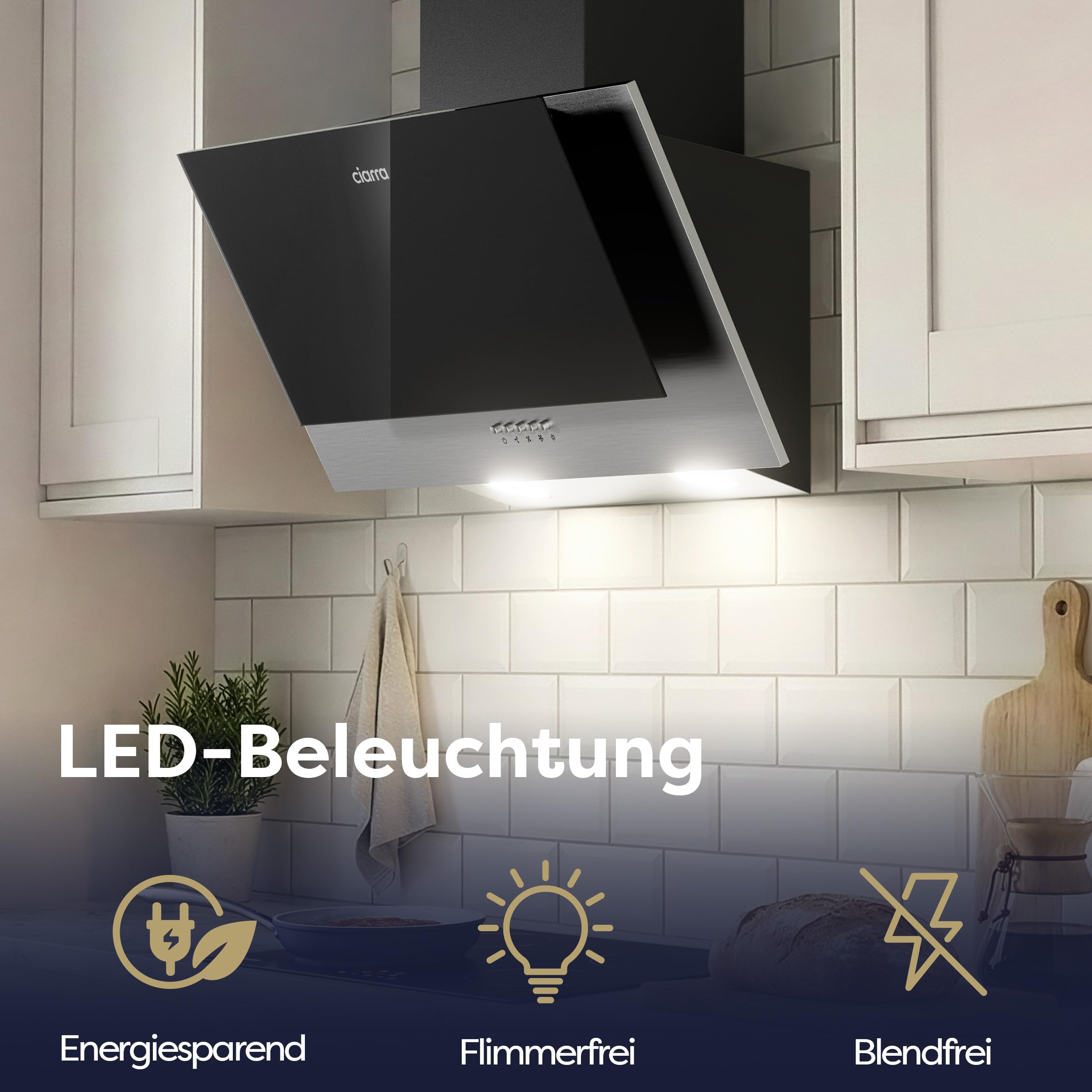 CIARRA CBCB6736C Dunstabzugshaube 60 cm 57 dB 370 m³/h Umluft Abluft Kopffreie Schräghaube Schwarz