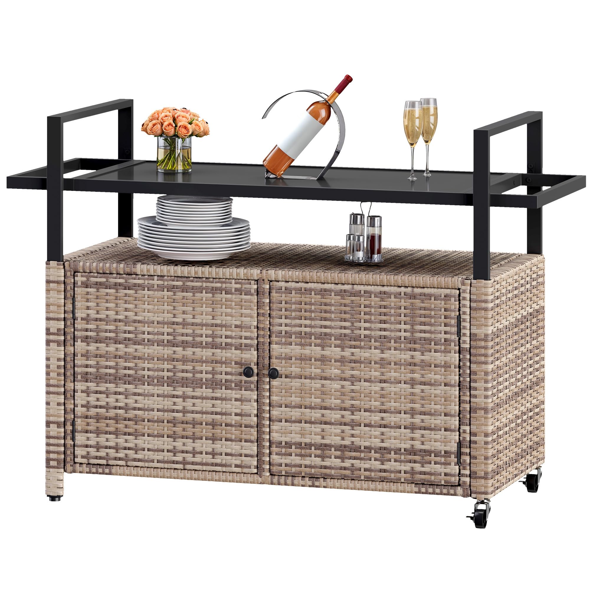 DWVO Patio Storage Cabinet,Outdoor Bar Cart with Glass Top,Outdoor Storage Table with Wheels for Patio, Poolside and Backyard,Light Brown