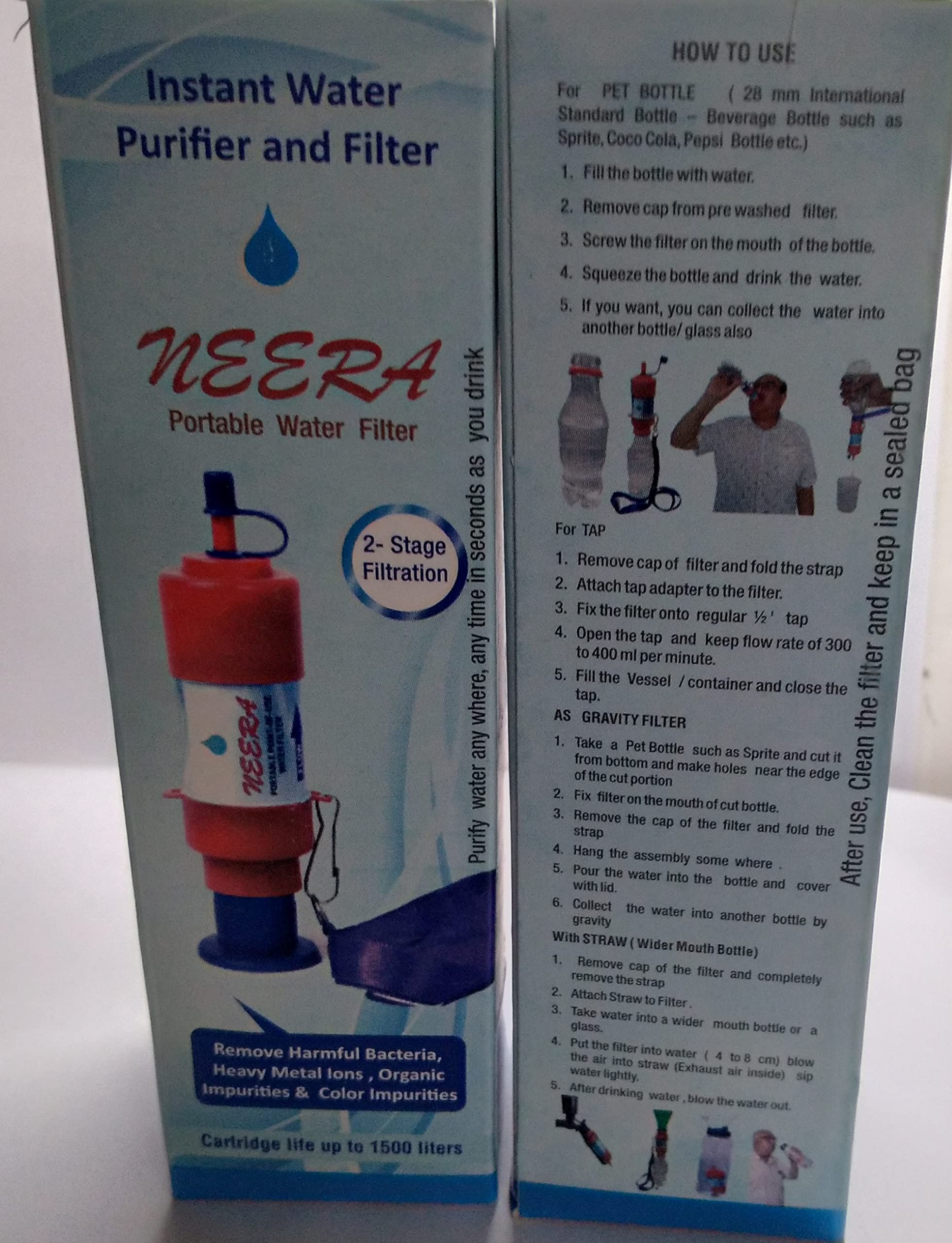 Neera Portable Water Bottle Filter/Gravity Filter/Straw/Tap Filter(Packed with Silver Nano Particle Immobilized Coconut Activated Charcoal Granuales)