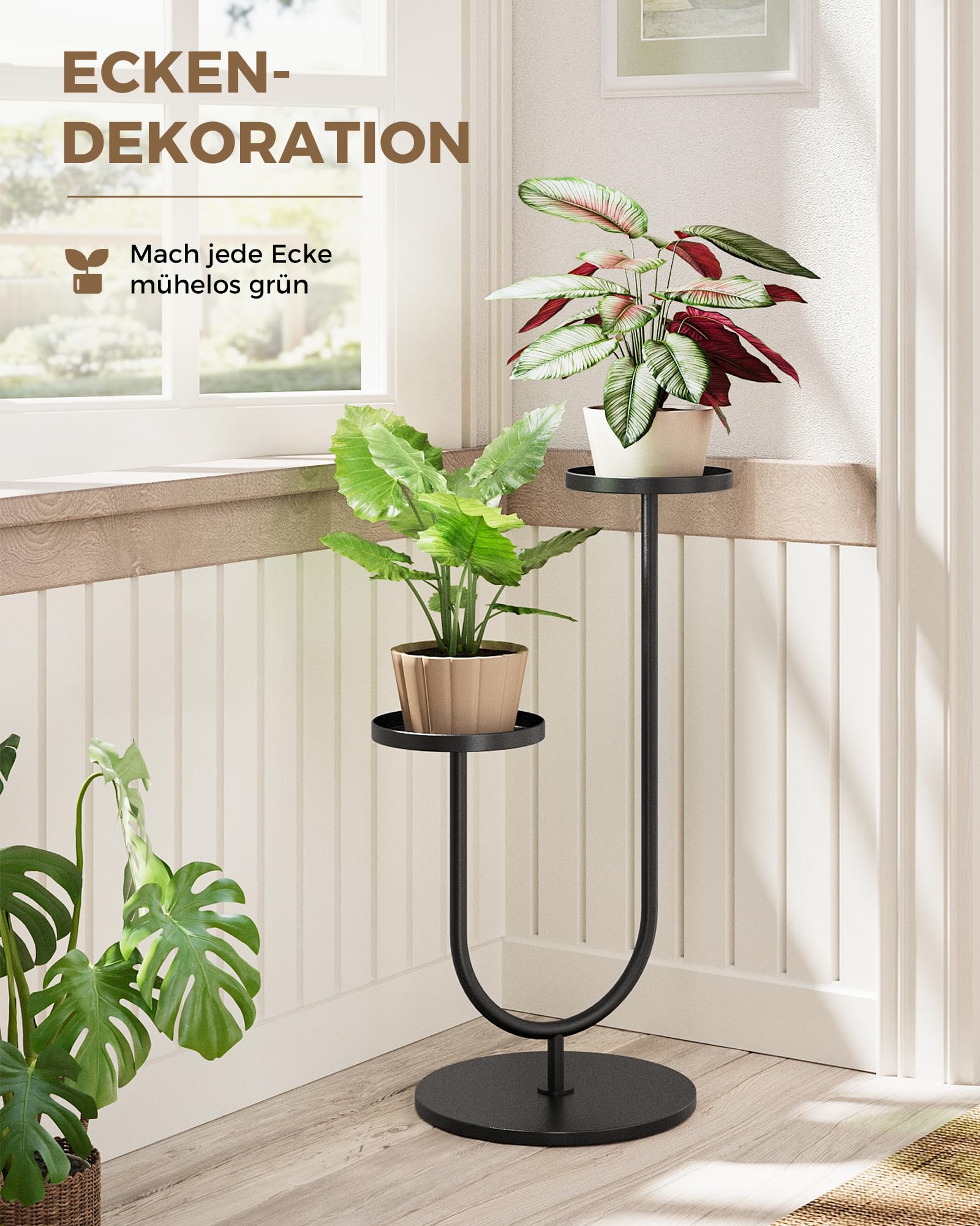 Bamworld Blumenständer Metall Schwarz, Pflanzenständer Indoor Outdoor, Modernes 2-stufiges Pflanzenregal, Stabiler Blumentopfhalter für Wohnzimmer, Balkon, Garten