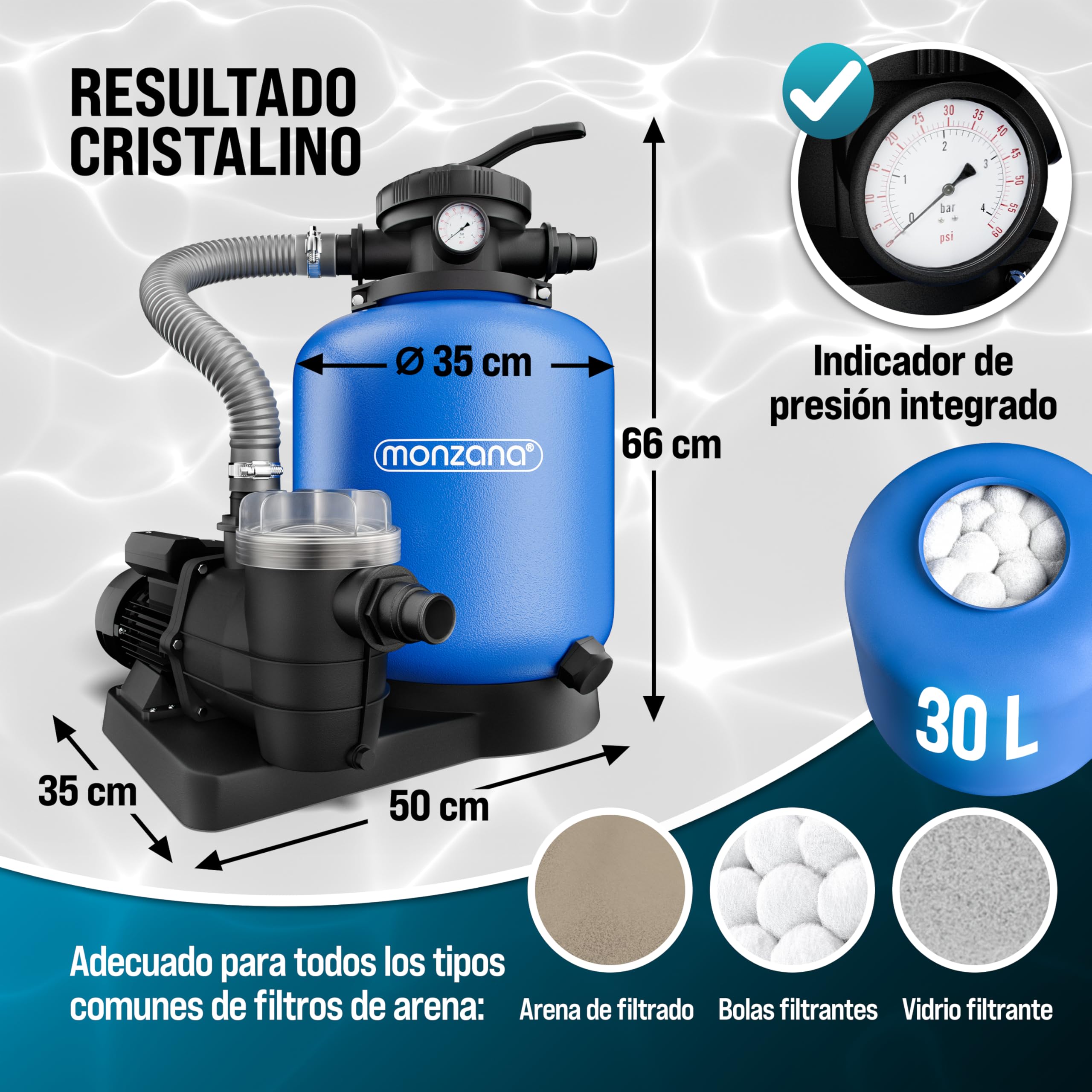 MONZANA® Depuradora Piscina 13.200L/h Filtro de Arena hasta 58.000L con Pre Filtro Válvula 7 Funciones Filtrado 600W Adaptador Ø32-38mm Bomba Indicador de Presión