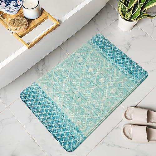 Miniatura 7 de Uphome Tapete de baño antideslizante azul, de 18 x 25 pulgadas, tapete de baño geométrico marroquí, tapete de ducha de terciopelo suave de secado