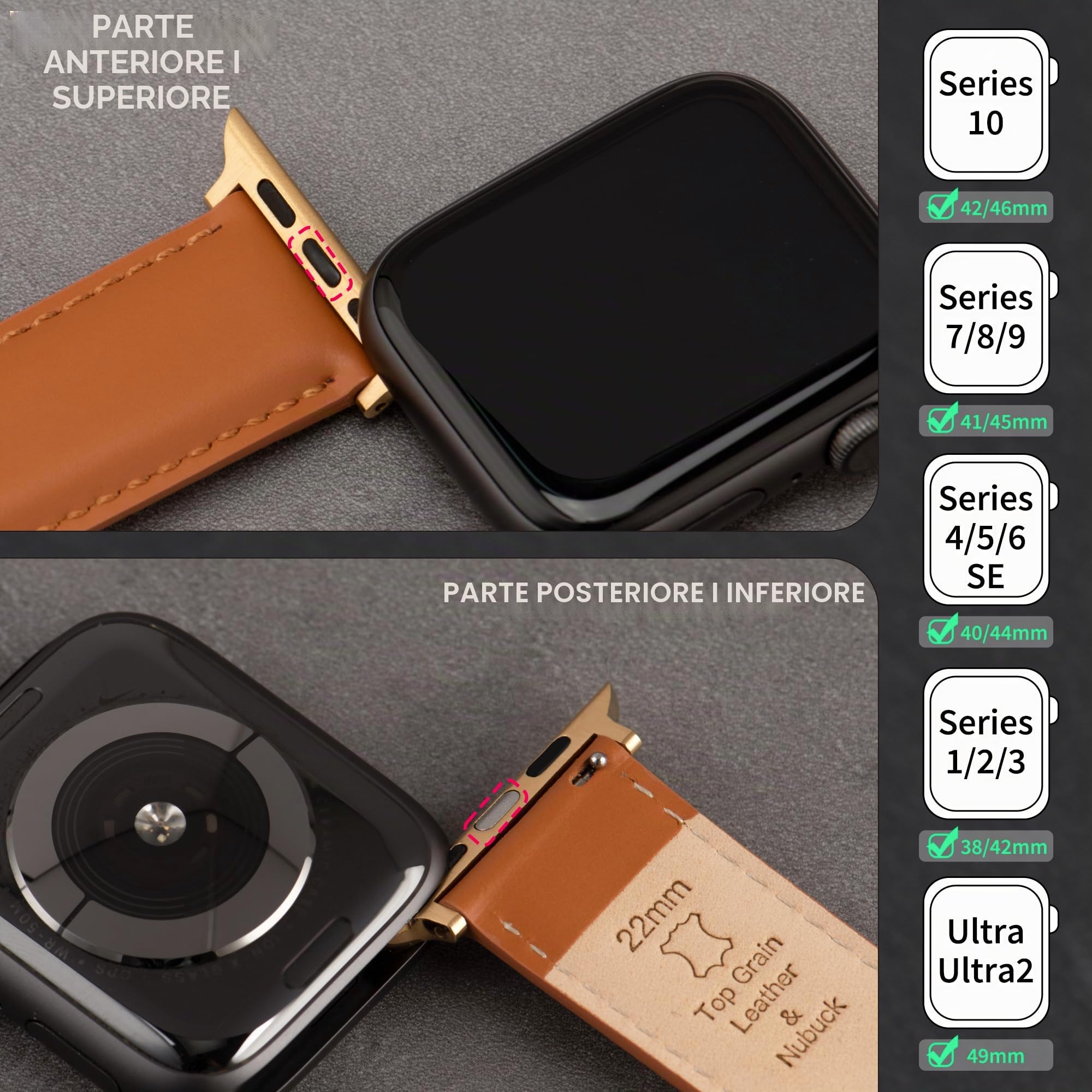 Cinturino Pelle Compatibile con Apple Watch 49mm 46mm 45mm 44mm 42mm 41mm 40mm 38mm, Elegante Cinturini Orologi Ricambio Vera Pelle per iWatch 11 10 9 8 7 6 5 4 3 2 1 Ultra3 2 1 SE3 2 1