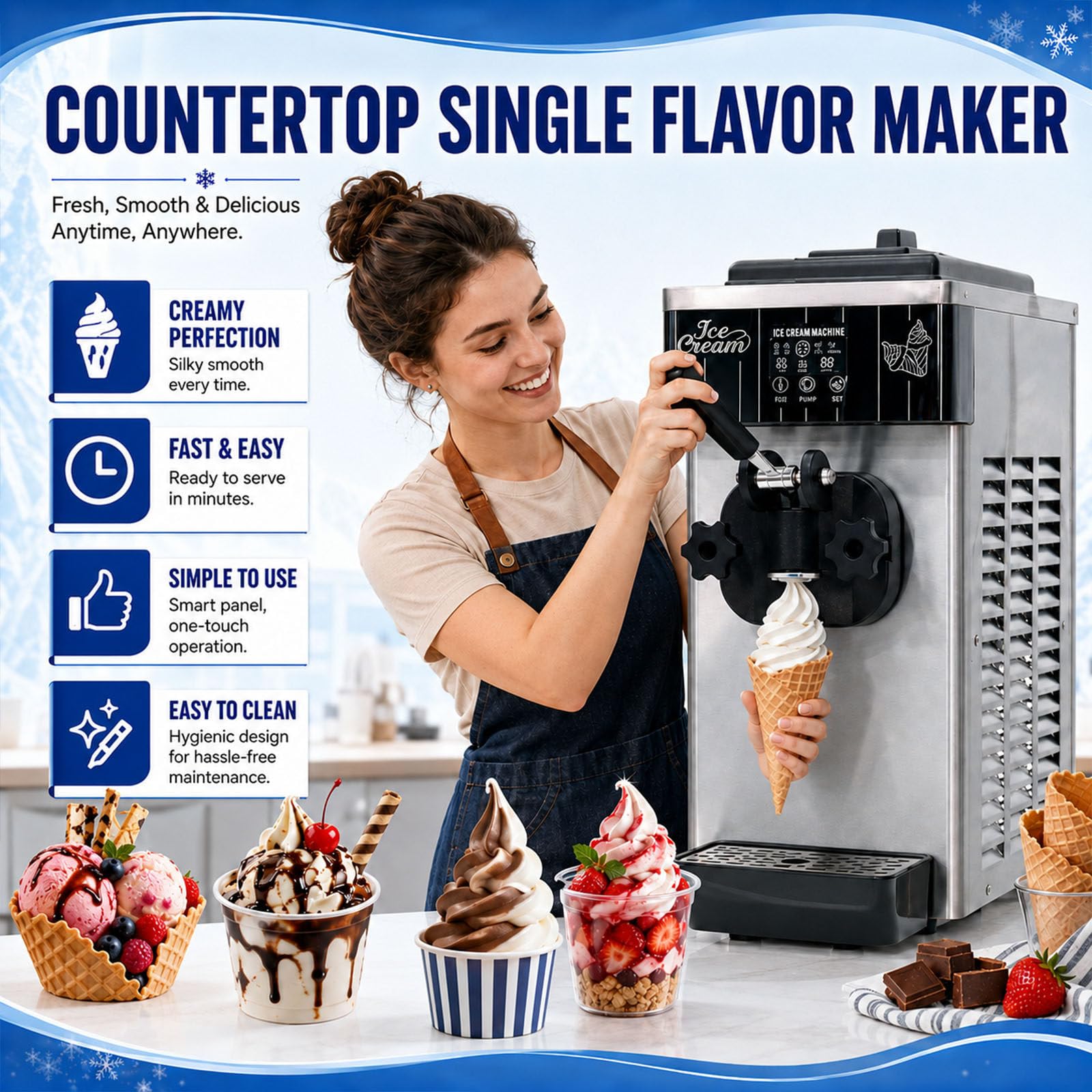 Máquina De Helado Suave, Máquina Eléctrica para Hacer Helado Suave, Máquina De Sobremesa De Un Solo Sabor, Enfriamiento Rápido, Cuerpo De Acero Inoxidable, Salida De 4-6 L,Tolva De 2,5 L