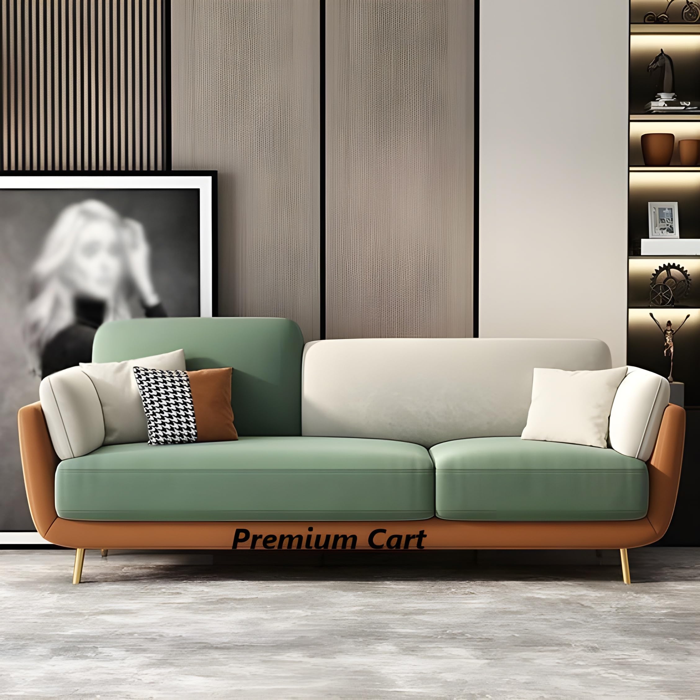 PREMIUM CART Velvet Contemperory Sofa with Cushion Chaise Lounge Sectional Sofa Perfect for Living Room & Bedroom Guests Home & Office (Velevt Green & Beige, 3 Seater)-image-21