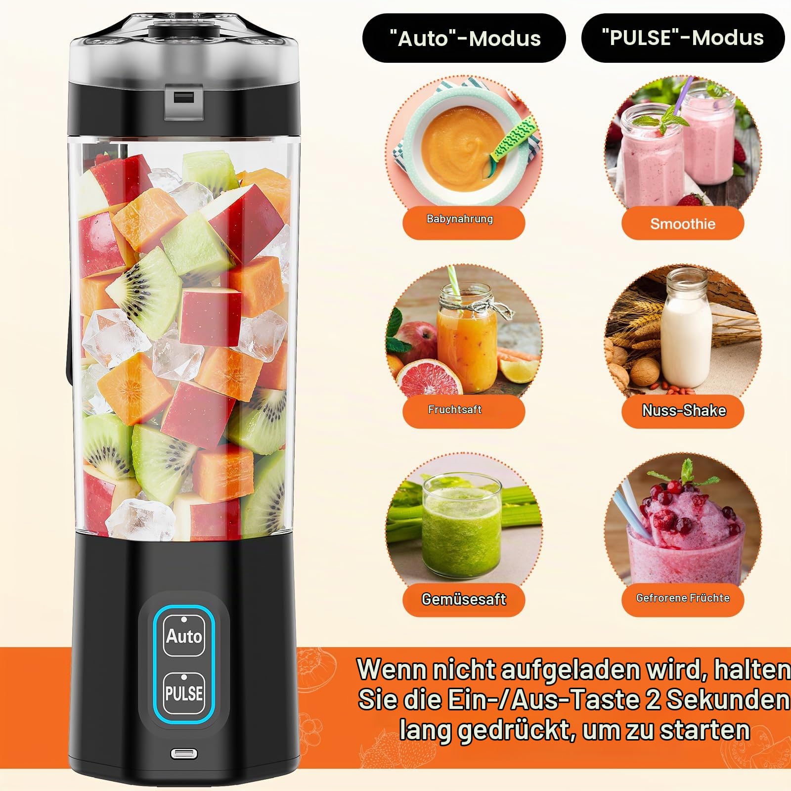 GVODE Smoothie Maker Akku Mixer Tragbar, 700ml Protein Shaker Elektrisch