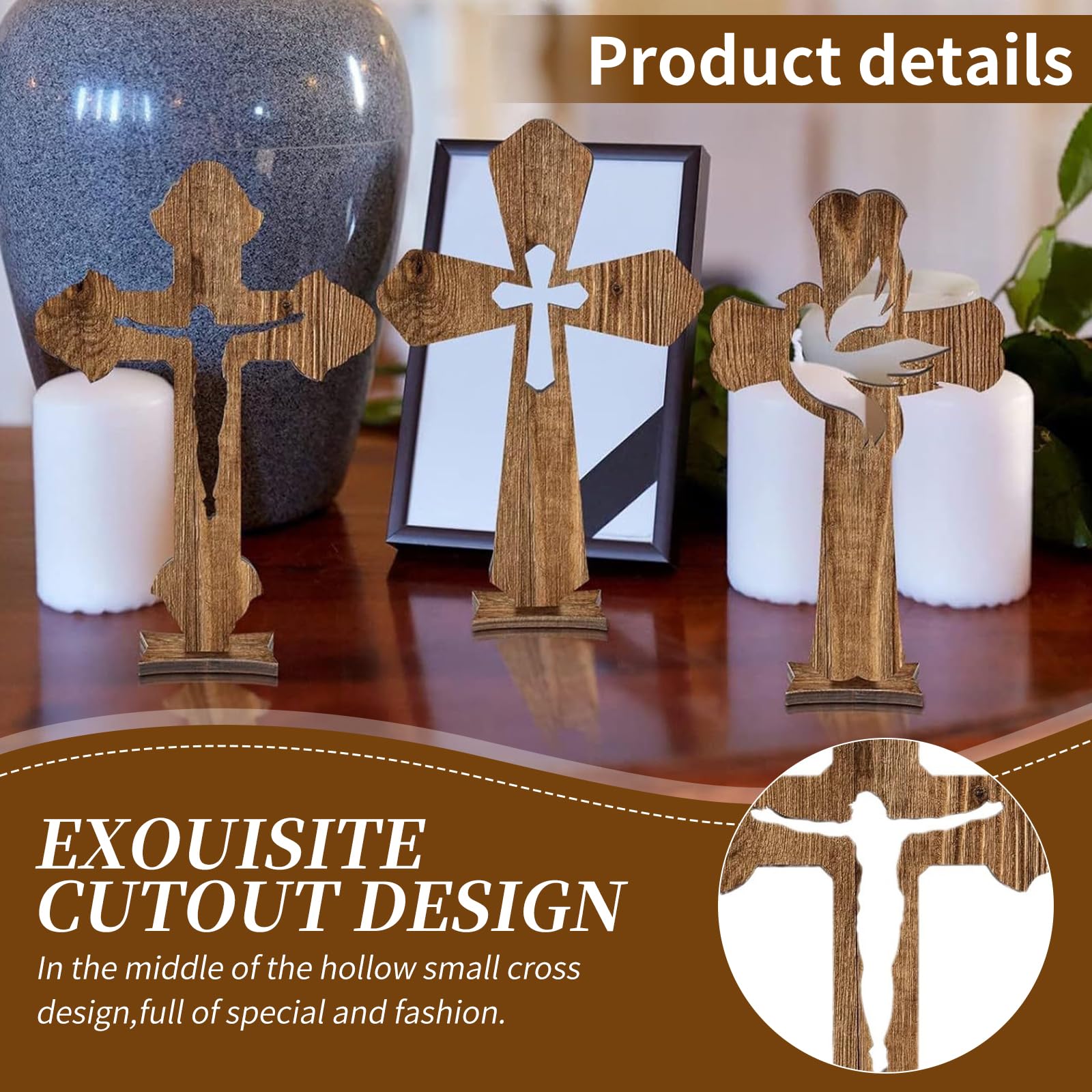 Croce in legno con base, 53 x 30 cm, massiccia con venature del legno bruciato, croce da tavolo, crocifisso moderno, adatta per Pasqua, Natale, meditazione, battesimo religioso, puristi