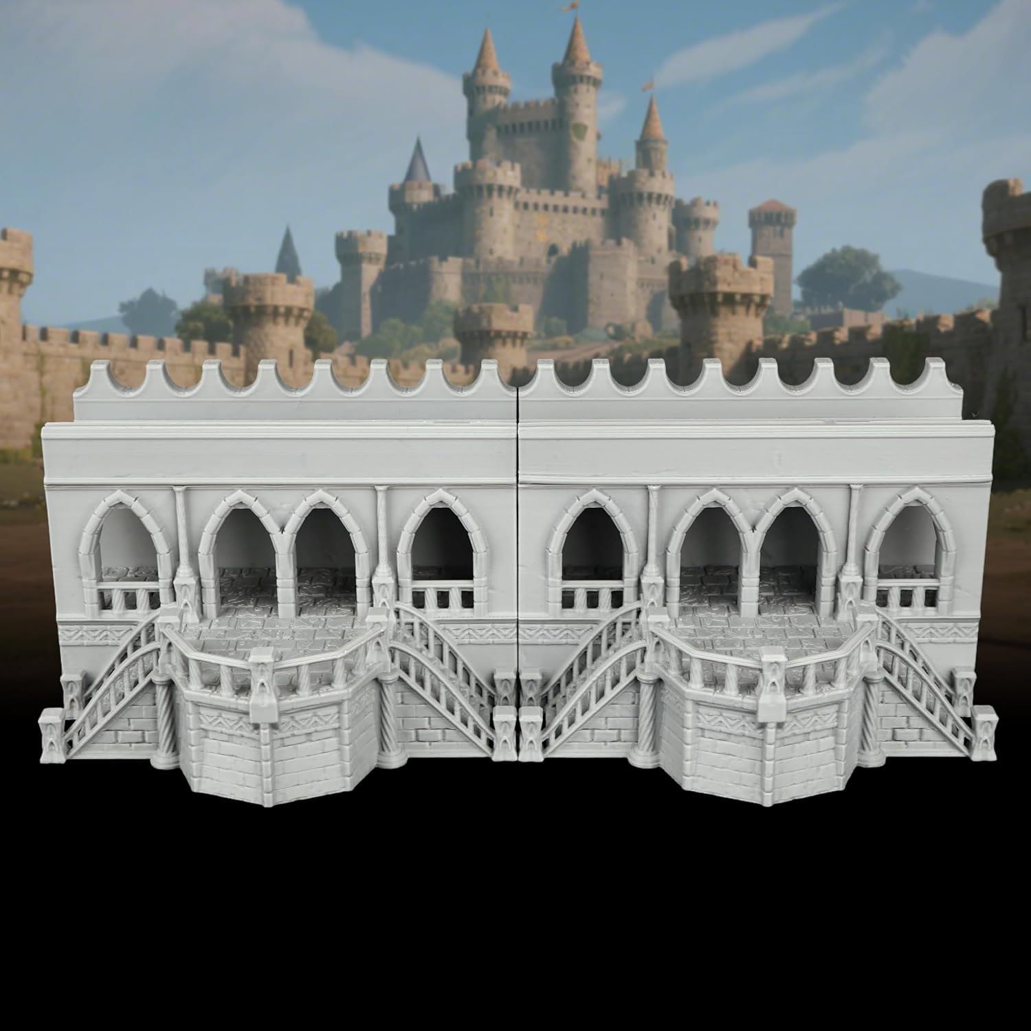 25mm Scale Unpainted RPG Building Straight Walls & Balcony, Modular Medieval Fortress Ramparts with Stairs -2-Piece TTRPG Terrain Set for Dungeon Masters & Wargame - City Walls 2 (AF1104 F)