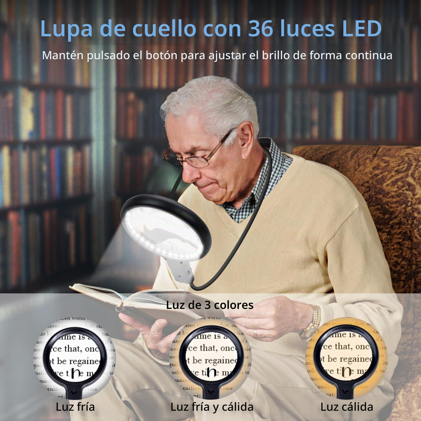 Cuteefun Lupa 5X/15X con Luz, Lupa Lectura de Cuello Manos Libres | 3 Modos Color, Brillo Ajustable, Lupa de Cuello de Cisne Flexible Recargable para Mayores, Costura, Reparaciones, Leer libros