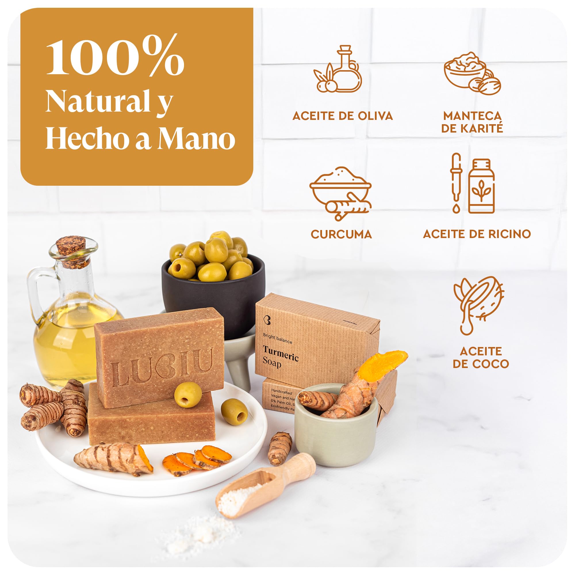 Jabon de Curcuma Para la Cara - 100g Pastilla Jabon Cara Piel Grasa y Cuerpo - Jabón Antibacterial Limpieza Facial - Turmeric Soap — view 6