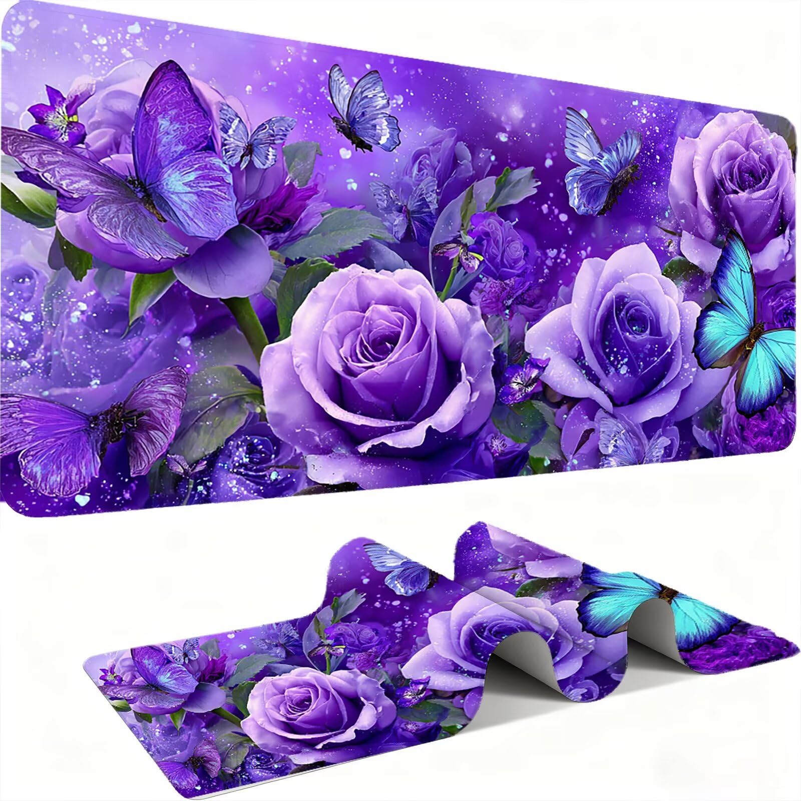 Podkładka pod mysz XXL kwiaty/motyl 1200 x 600 mm duża podkładka pod mysz szyte krawędzie wodoodporna antypoślizgowa duże rozszerzone akcesoria biurowe do PC, przenośna poprawia dokładność i szybkość