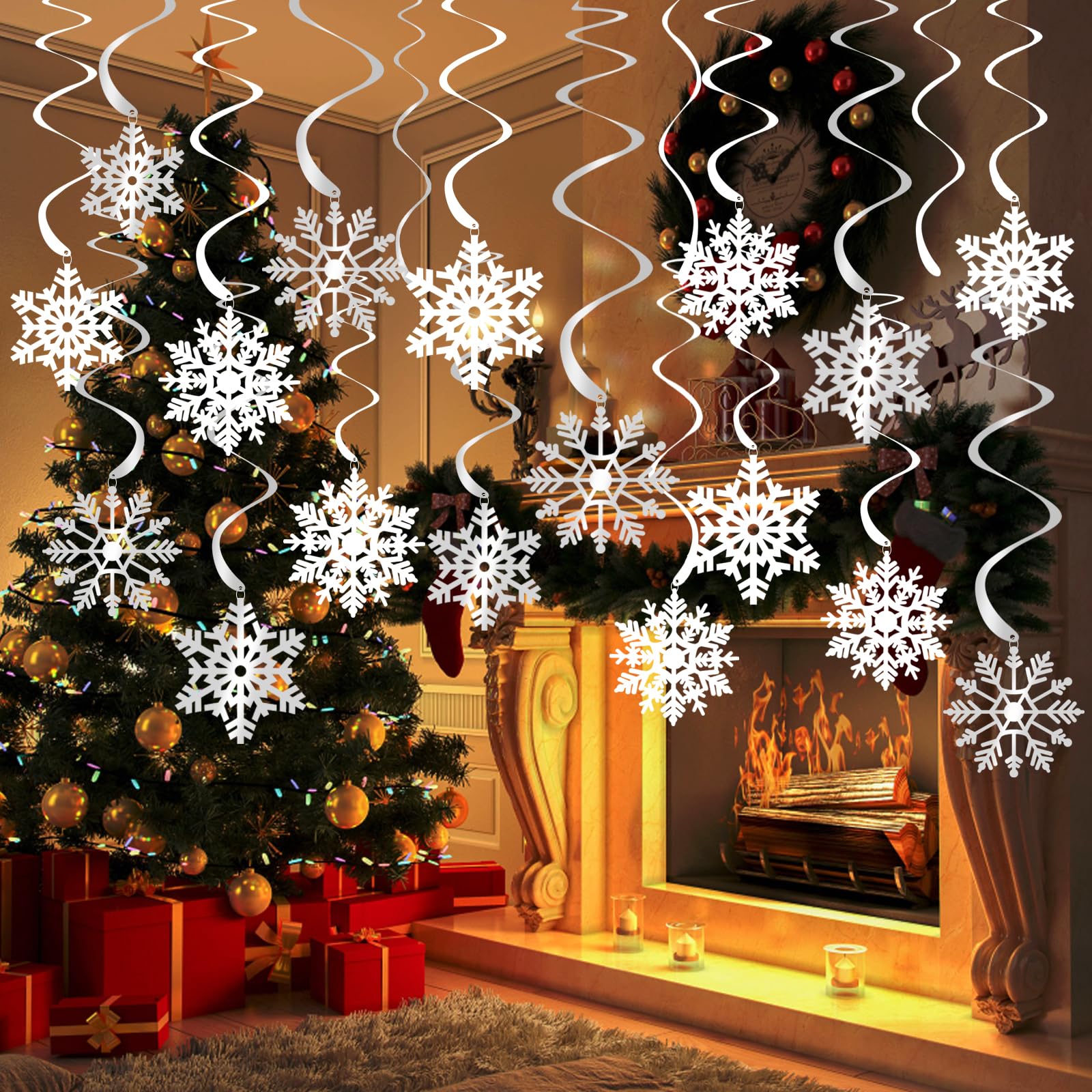 32 PCS Christmas Ceiling Decorations - White & Silver Hanging Snowflakes with Spiral Ornaments | Reusable Foil Christmas Decor for Indoor Outdoor Xmas Tree, Winter Party