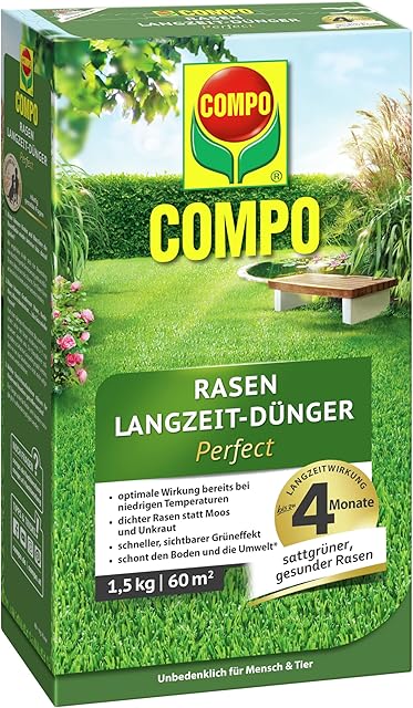 COMPO COMPO Rasendünger mit Langzeitwirkung - Keine Chance für Moos und Unkraut – 1,5 kg für 60 m² - COMPO Rasen Langzeit-Dünger Perfect — Saat & Dünger