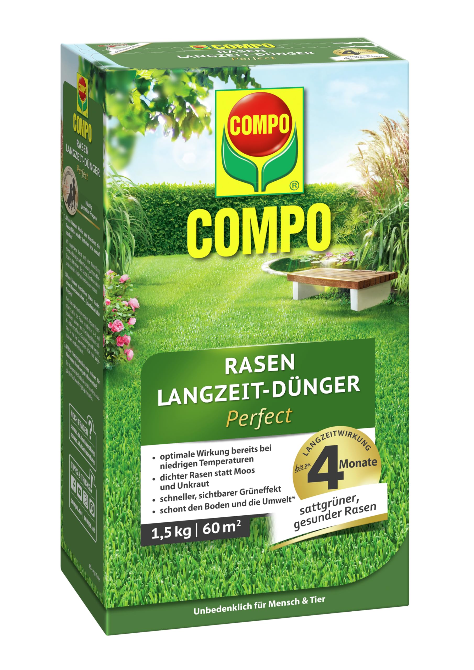 COMPO Rasendünger mit Langzeitwirkung - Keine Chance für Moos und Unkraut – 1,5 kg für 60 m² - COMPO Rasen Langzeit-Dünger Perfect