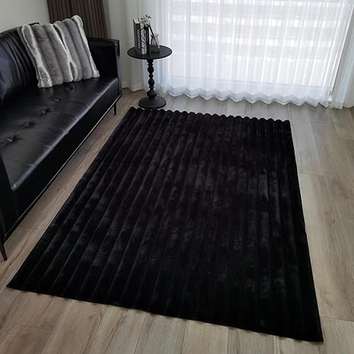 Miniatura 3 de GLORY RUGS Alfombras de Área Rayadas Suaves de Piel Sintética de Conejo 5 x 7 pies Becky Negra Alfombra de Felpa Shag Acogedora y Mullida