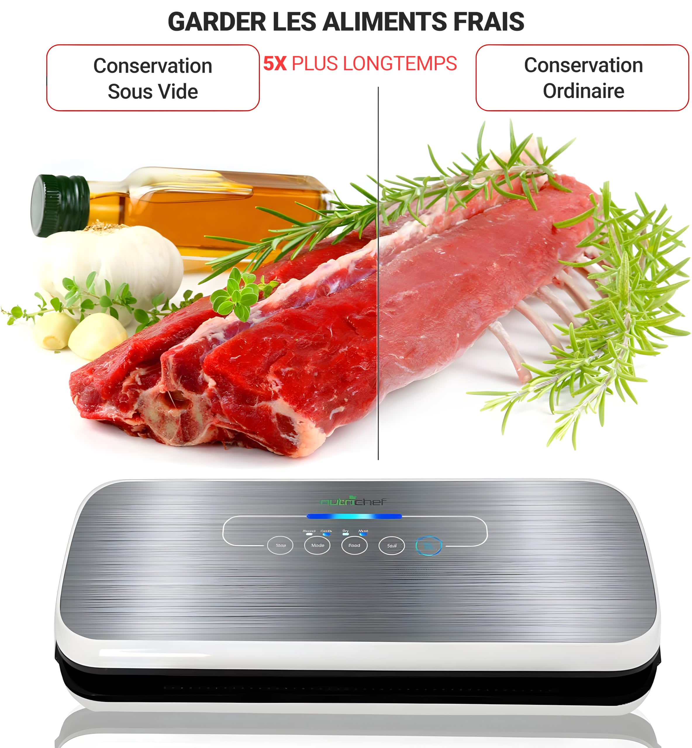 NutriChef Machine à Sceller Sous Vide - Système de Scellage Automatique pour Aliments Secs et Humides, Commandes Tactiles LED, Inclut des Sacs de Vide, un Tuyau et un Bouchon - Argenté