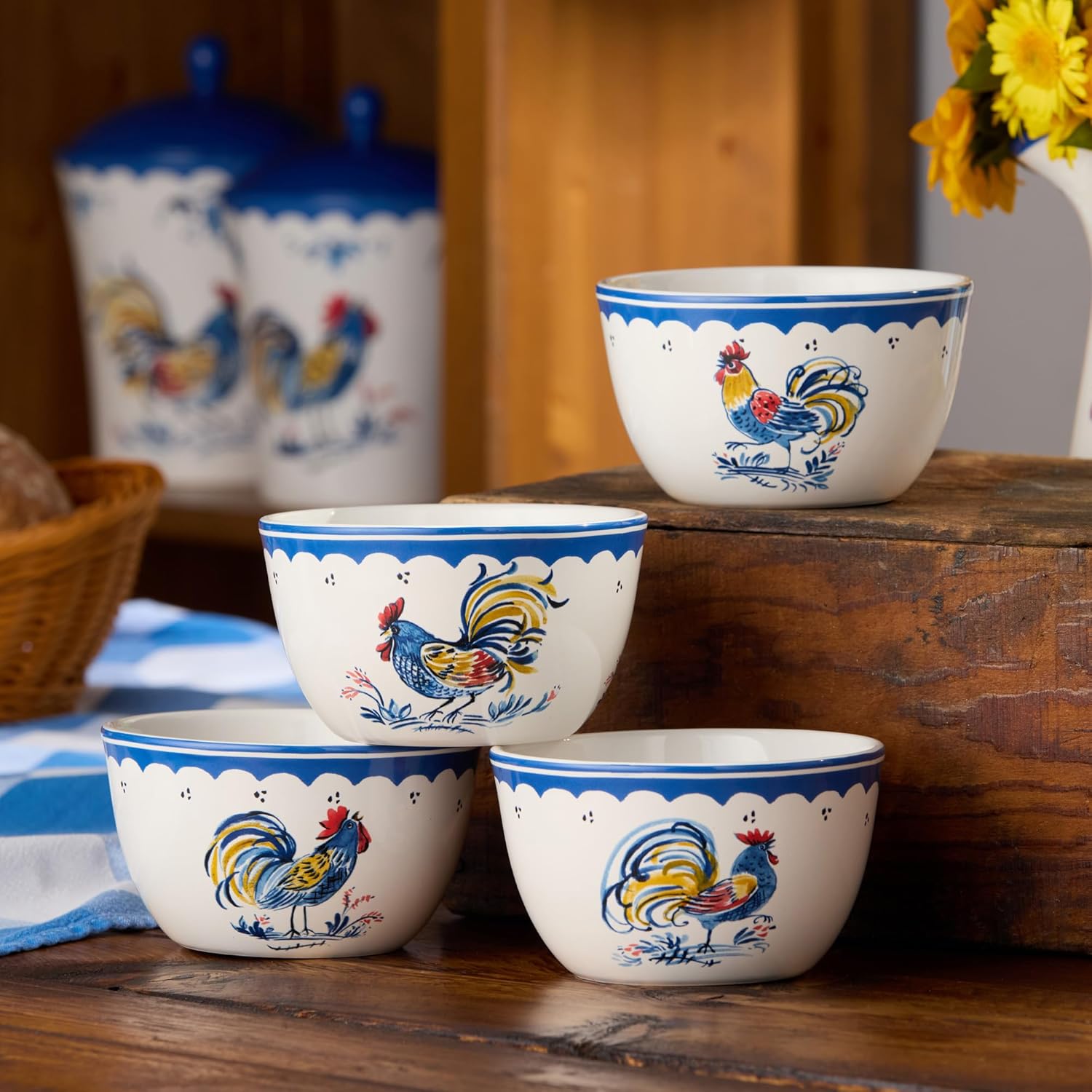 French Rooster Ceramic ICE CREAM/DESSERT BOWLS, SET OF 4, 5.25 x 3 inch bowls with cobalt borders and classic rooster motifs, perfect for desserts, snacks, fruit, French farmhouse décor