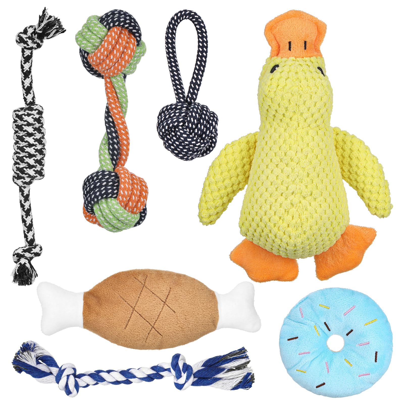 TranRantic Dog Toys for Small Dogs 7 Pack, Puppy Teething Chew Toys Bundle from 8 Weeks with Plush Duck, Rope & Squeaky Toy Set, Interactive Puppy Dog Toy for Relief Boredom