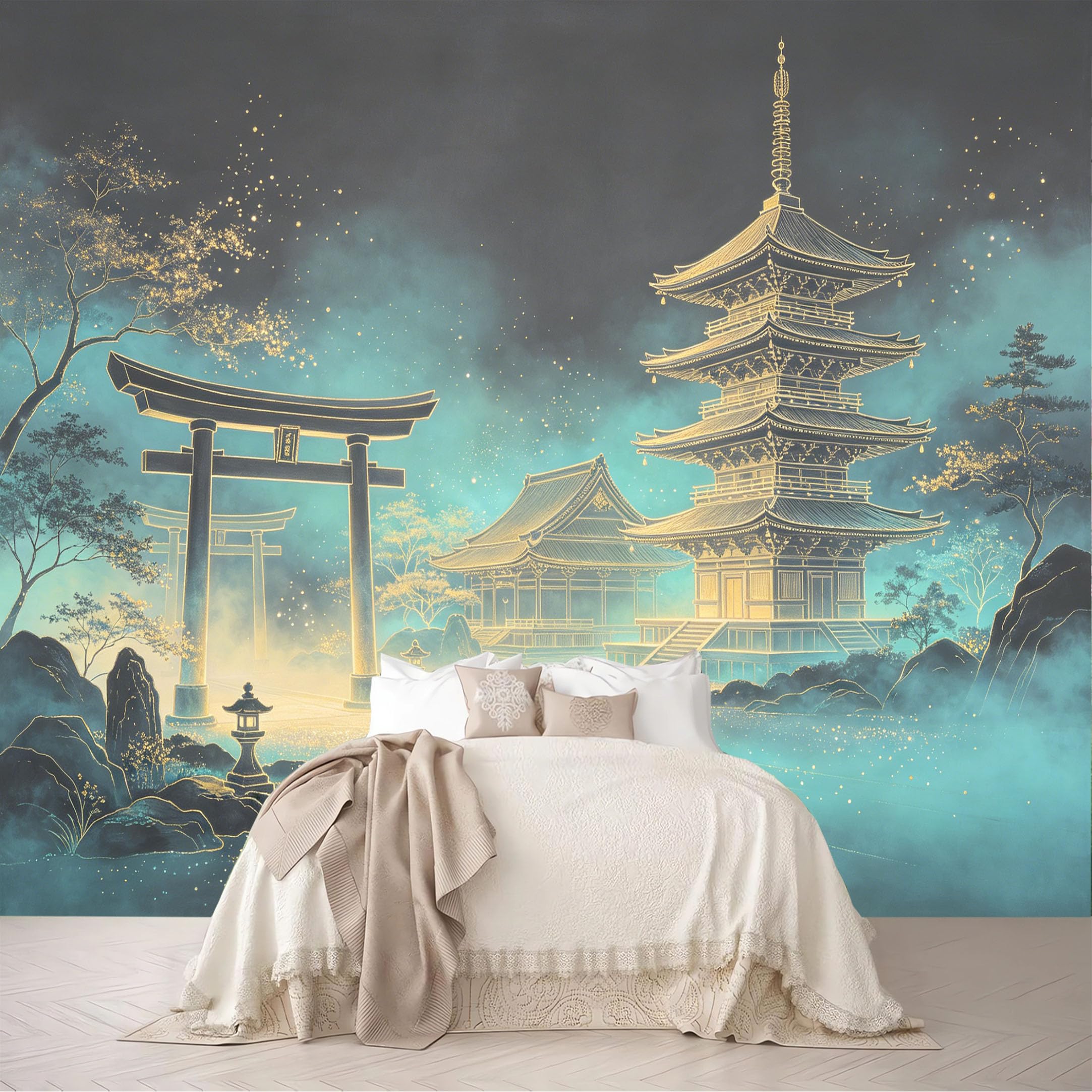 Dskjoviality Ab260706111 Custom Size Wall Murals Glowing Torii Gate Pagoda Misty Temple Scene Removable Self-Adhesive For Bedroom Living Room Dining Room