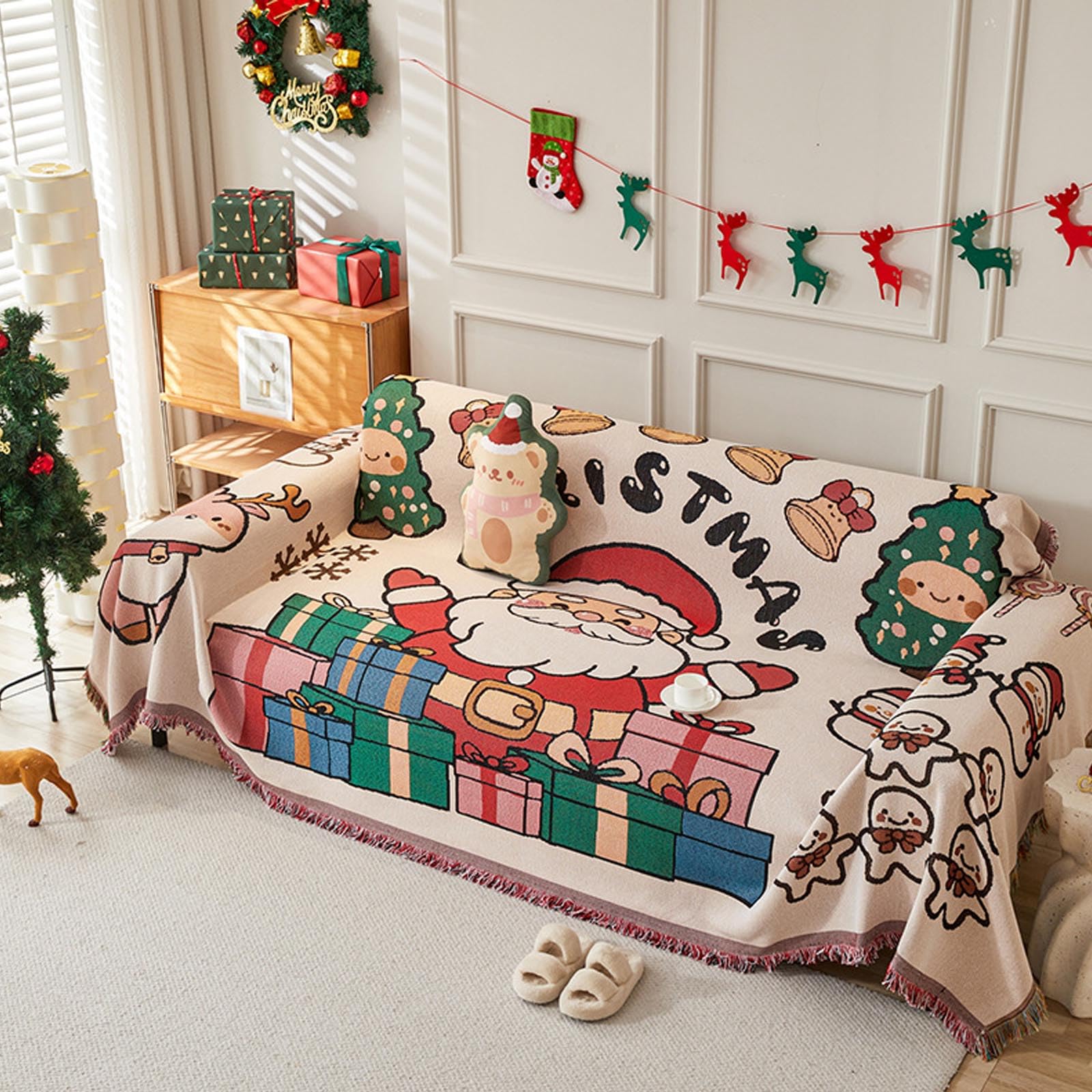 Housse de canapé de Noël réversible 1 place lavable pour protection de fauteuil 90x150cm