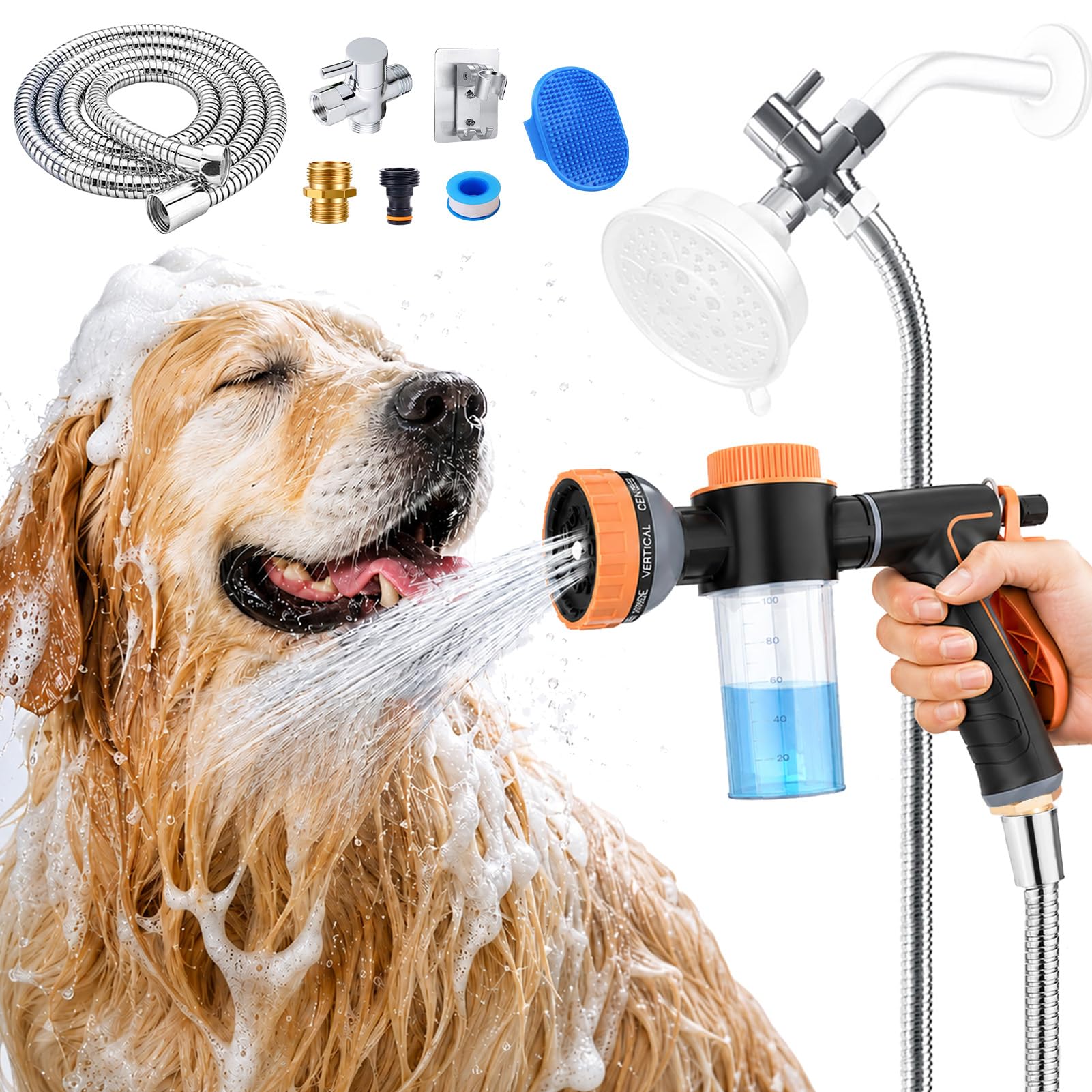 Dog Shower Attachment with 8.2Ft Long Shower Hose &amp; Metal 3-Way Diverter