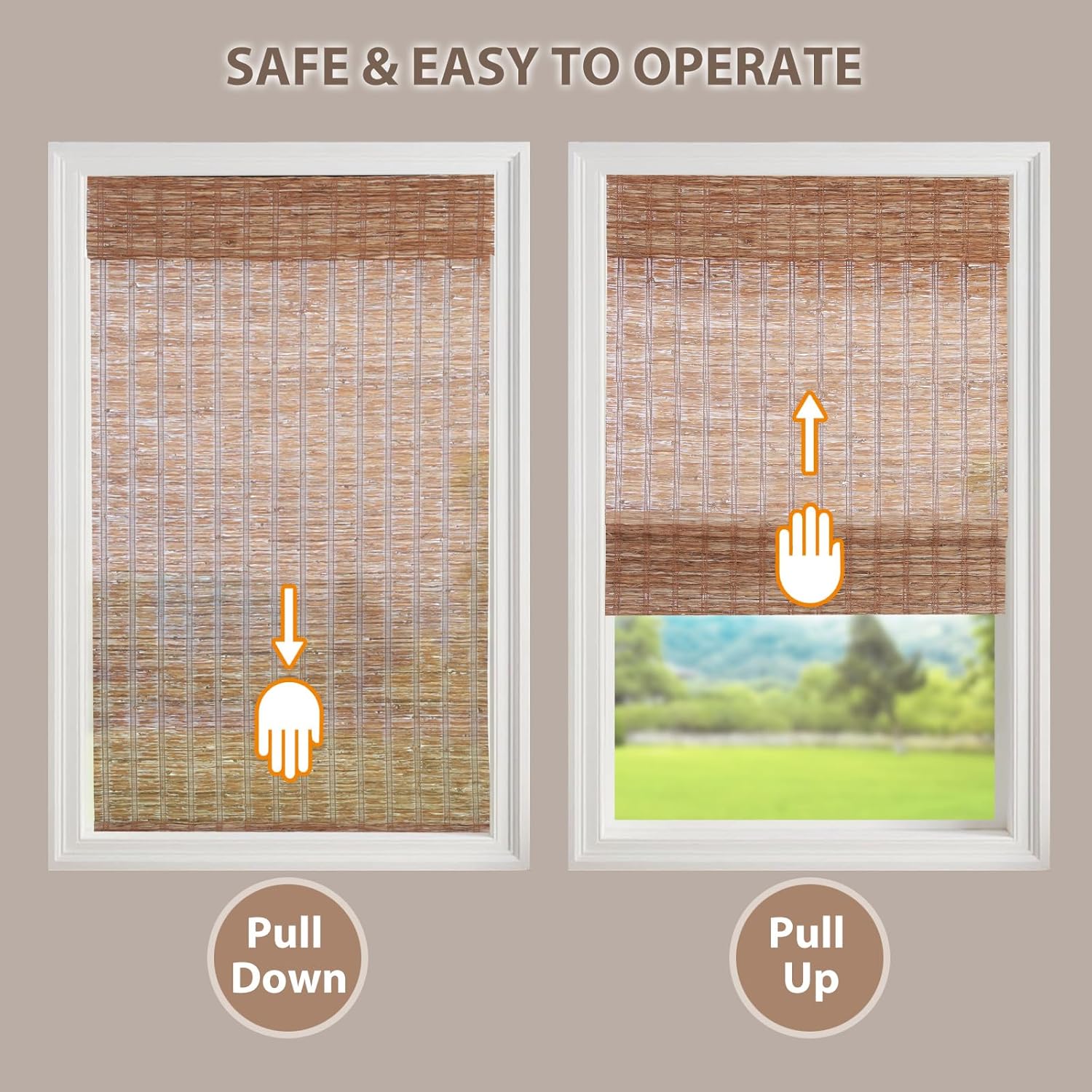 FACIMI Cordless Bamboo Roman Shades, Blackout Custom Roman Window Blinds, Natural Woven Bamboo Blinds for Windows, Sliding Glass Door, Leather Brown