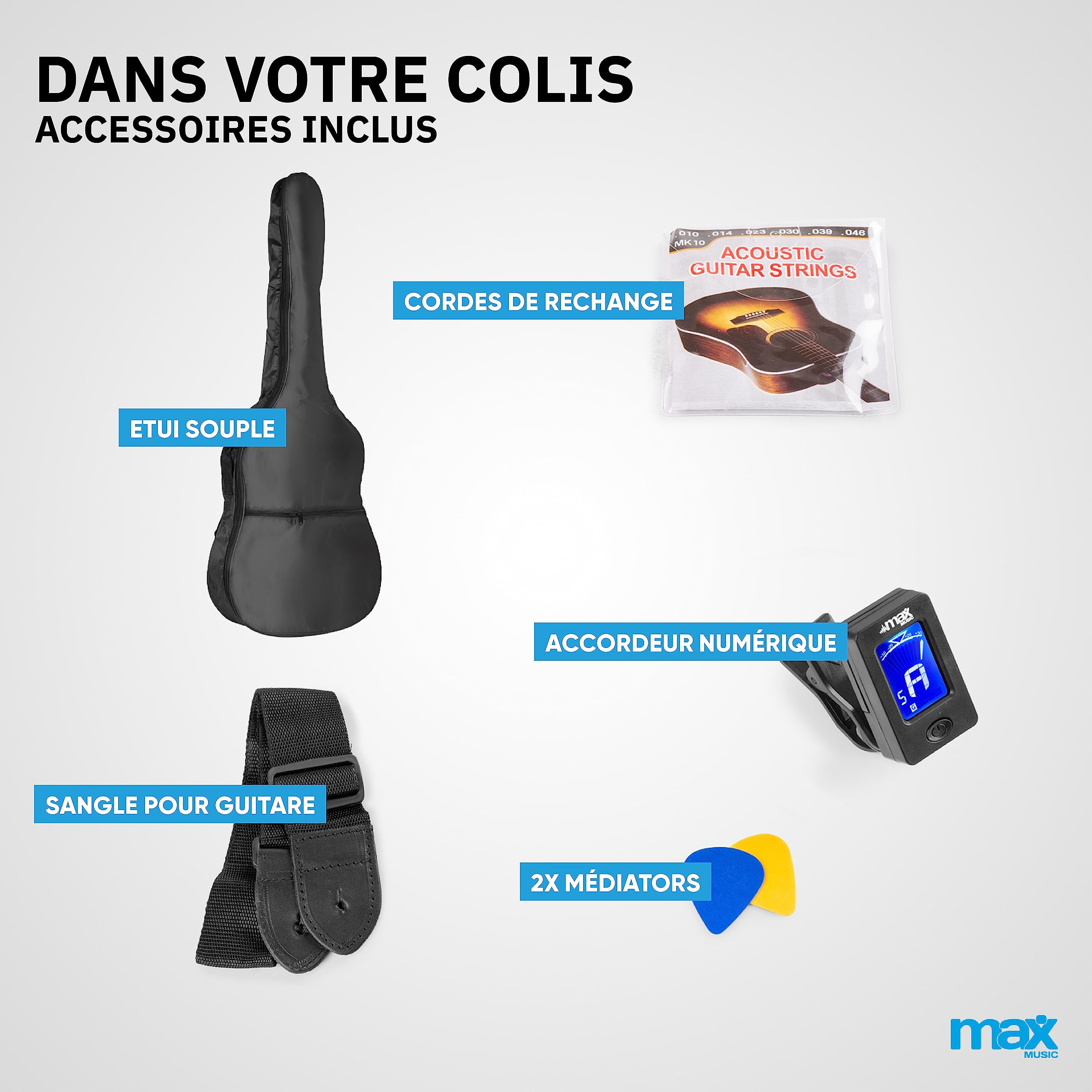MAX ShowKit Guitare Électro-Acoustique avec Accessoires - Sunburst, Idéal pour Débuter la Guitare