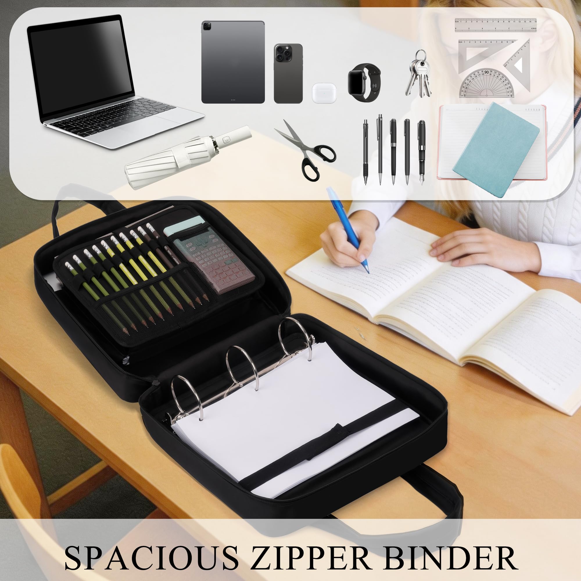 Carpeta con cremallera mejorada, juntas tóricas de 3 y 2 pulgadas, capacidad de 600 hojas con funda para laptop de 13 pulgadas y soporte para botella de agua, bolsa de carpeta con múltiples bolsillos
