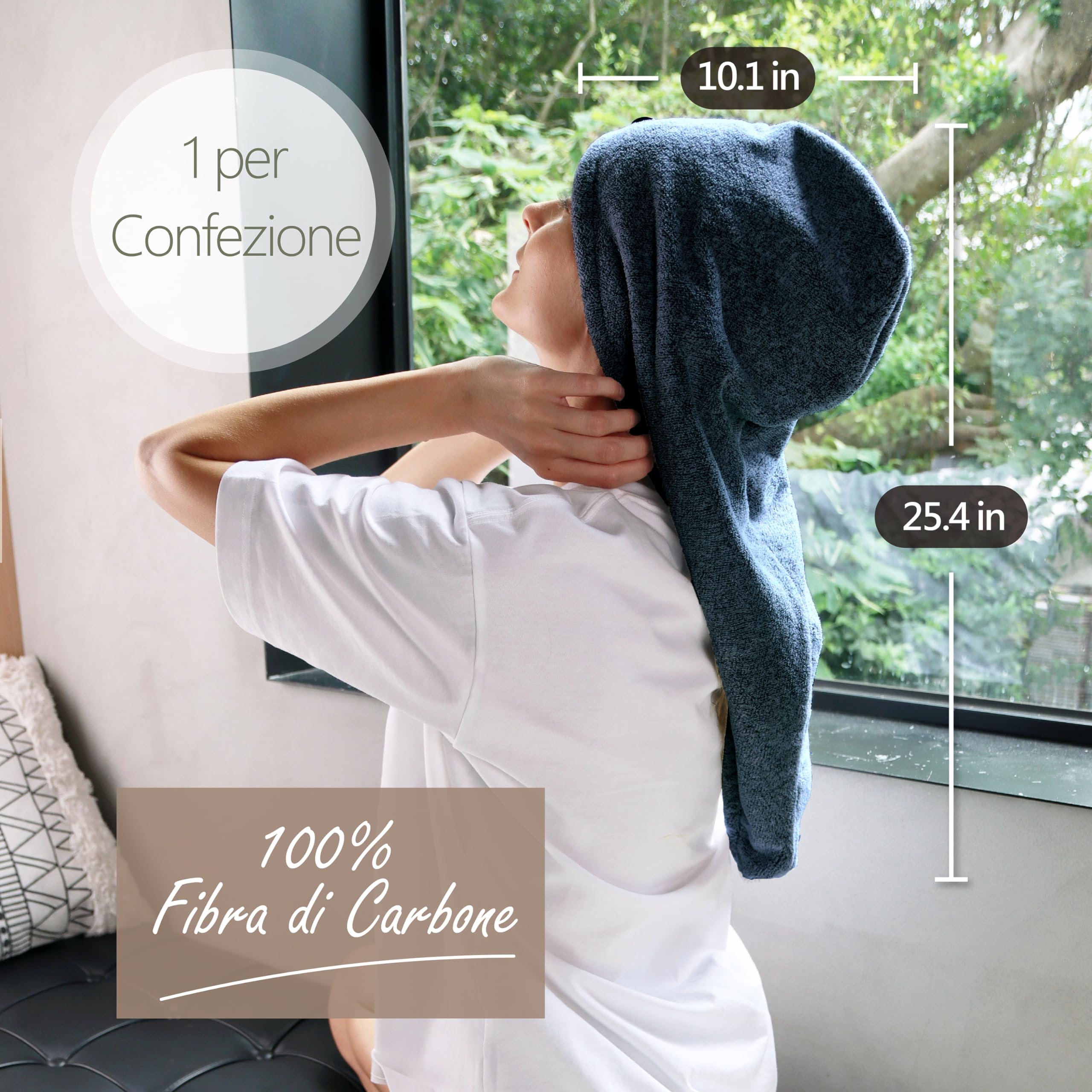 myHomeBody - Asciugamano per capelli con turbante anti-crespo, ad asciugatura rapida, ultra morbido e ad asciugatura rapida, in fibra di bambù assorbente, con pulsante di cocco – Midnight Blue