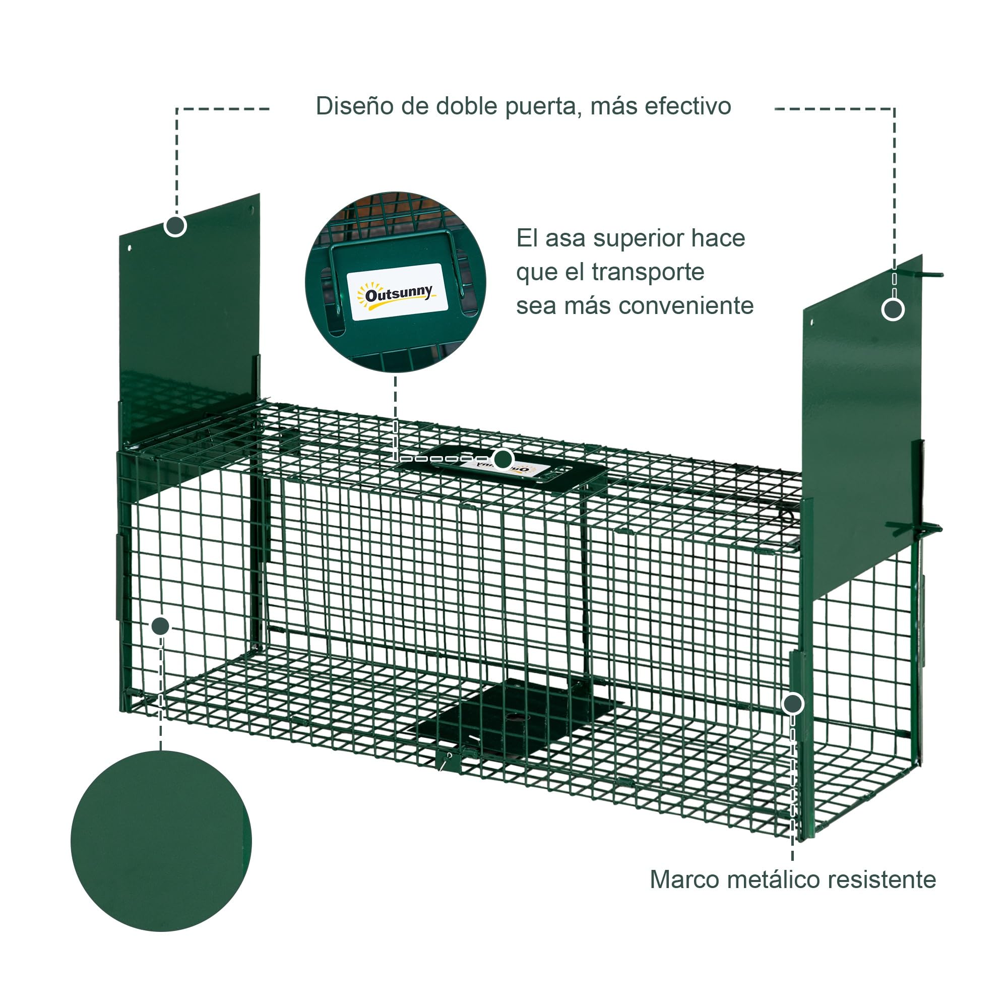 Outsunny Trampa para Animales Vivos con 2 Puertas Jaula de Captura Metálica con Asa para Conejos Visones Zorros Pequeños 80x25x30 cm Verde Oscuro