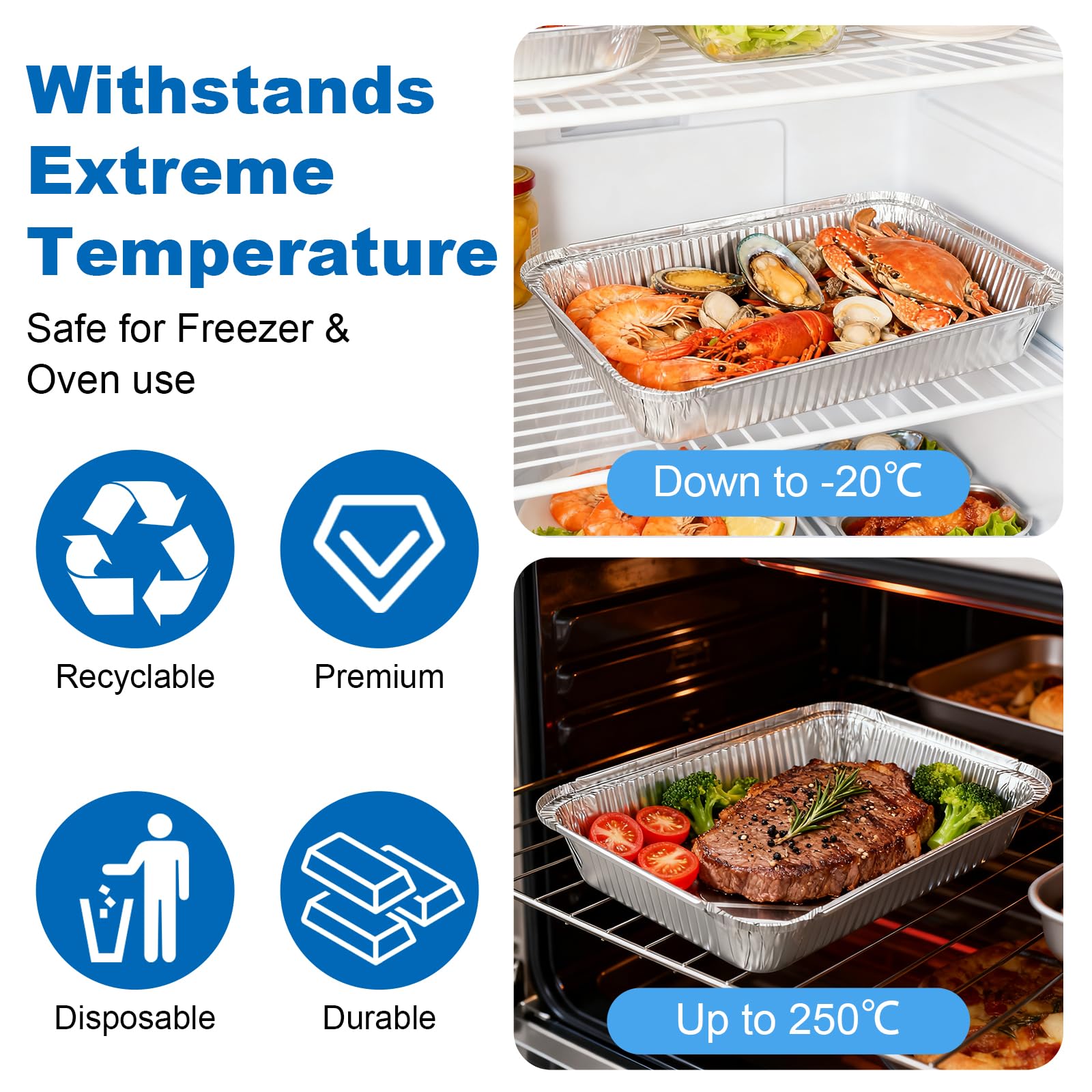 Lot de 50 Barquette Aluminium Non Couvercle, 2250ml Barquette Aluminium, 31,5x21,5x5cm Plat Aluminium Jetable, Barquette Congelation pour Cuire, Griller et Conserver Les Aliments