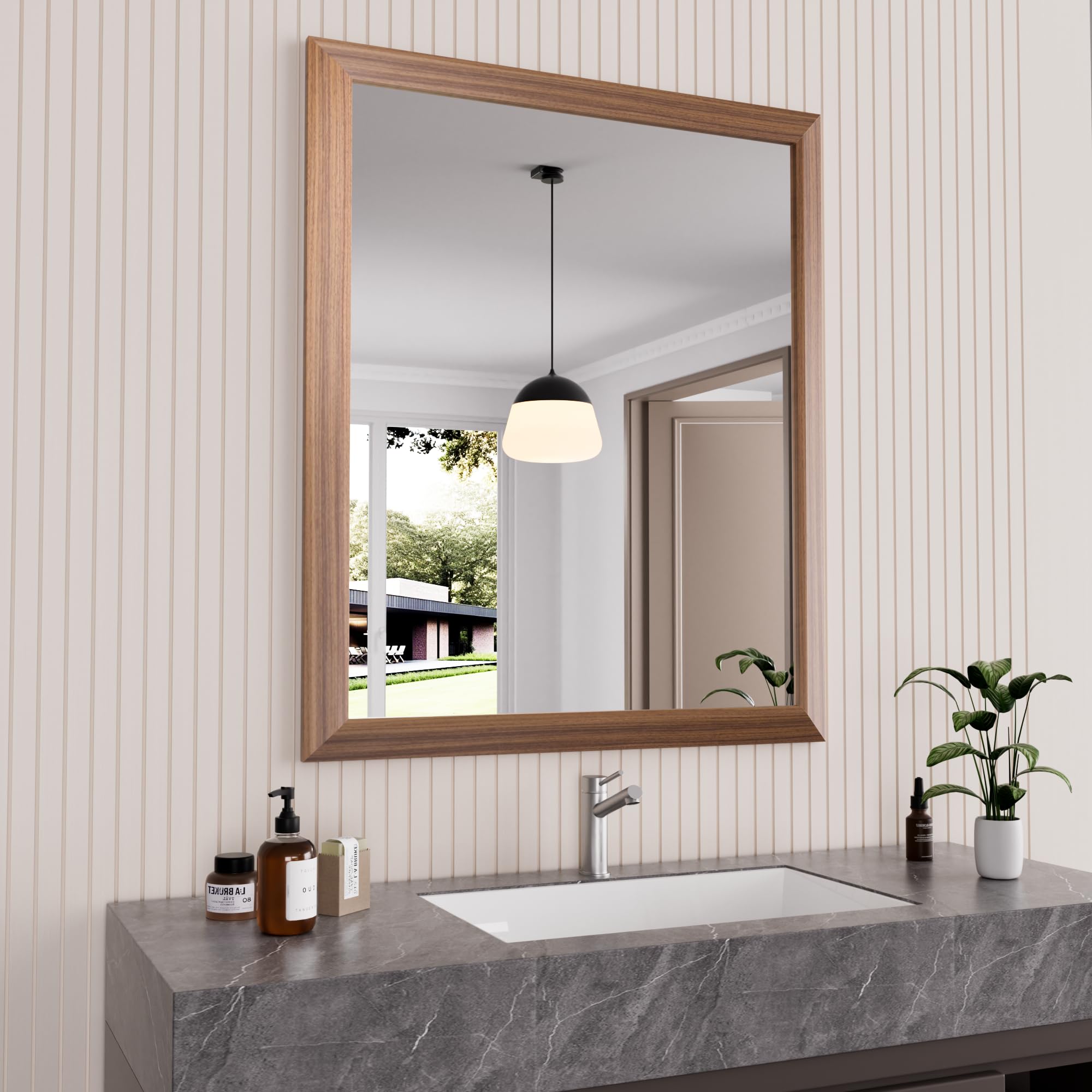 amorho bathroom mirror, 30x36 inch wall mirror, walnut wood grain metal framed, anti-rust, hang horizontally/vertically, suitable for bedroom, farmhouse, bathroom, decorative
