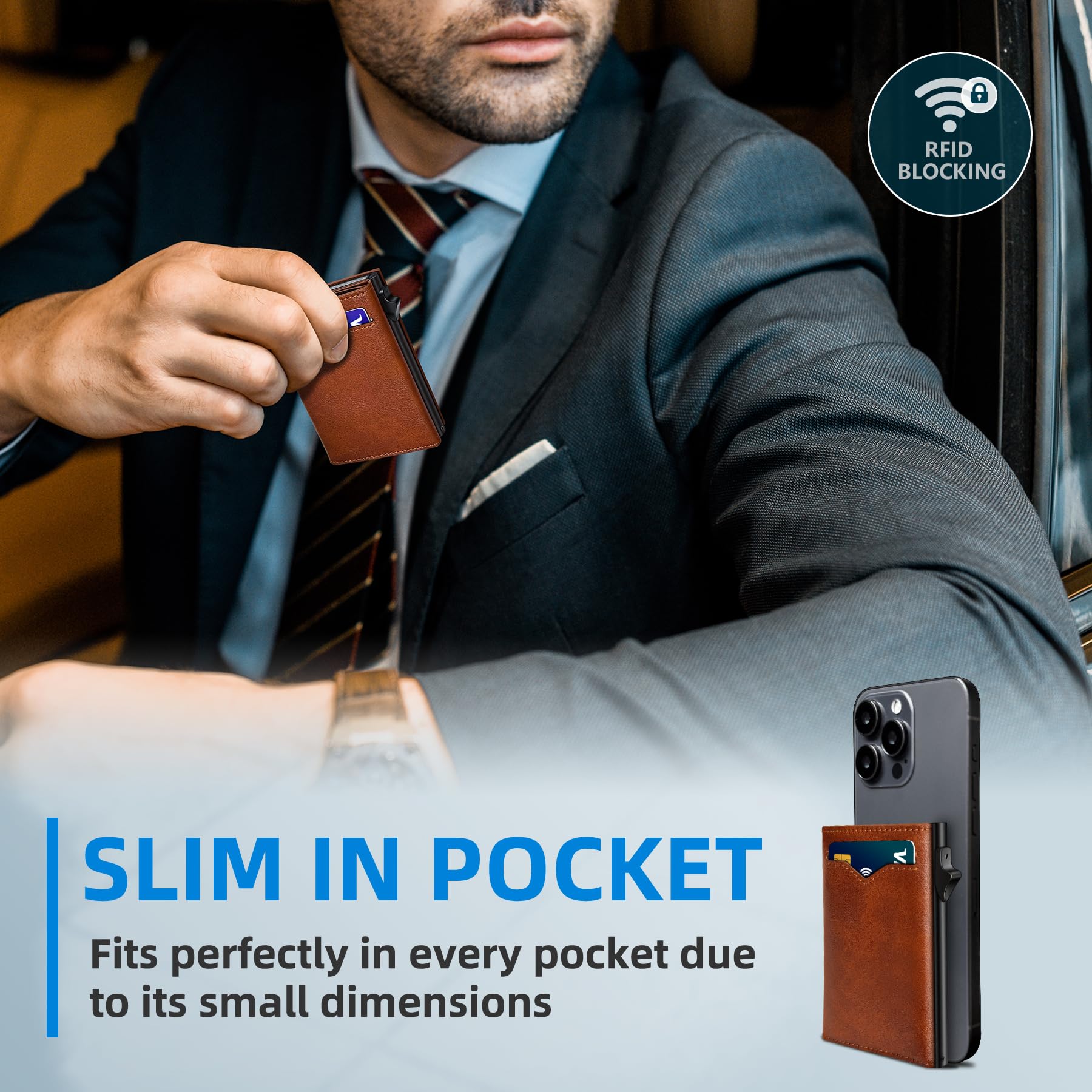 Wallet for Men,with Cash Pocket 2 ID Window 9-13 Cards,Metal Case Smart Slim Pop Up Credit Card Holder Flip with Magnetic Closure RFID Blocking Trifold wallet with Gift Box