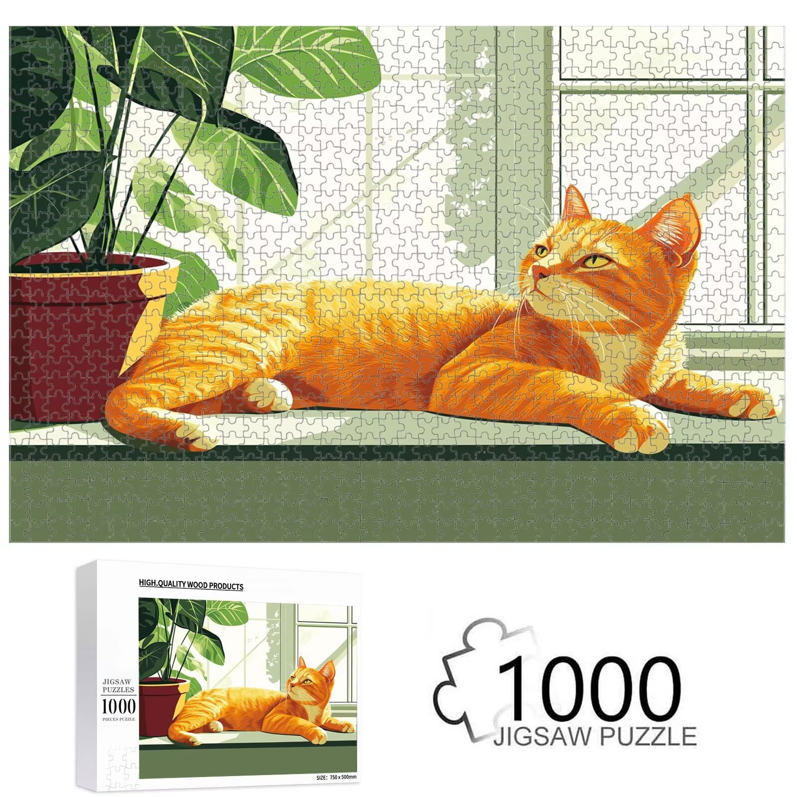 1000 elementów, puzzle dla dorosłych, kot i roślina, drewniane puzzle 1T#1197 | Drewniana konstrukcja, precyzyjne cięcie, jasne kolory, statyczne hobby, relaks, dekoracja domu, prezent, 50 x 75 cm