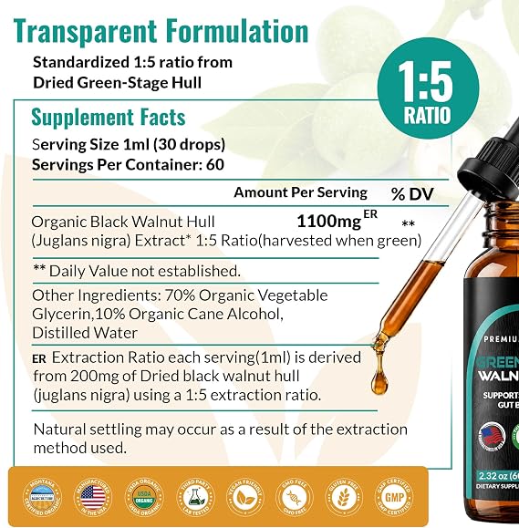 Zenmen Organic Green Black Walnut Hull Tincture - Intestinal Cleanse & Gut Support | 60 Servings | Juglone-Rich Extract | Dried Green-Stage Hull | Made in USA