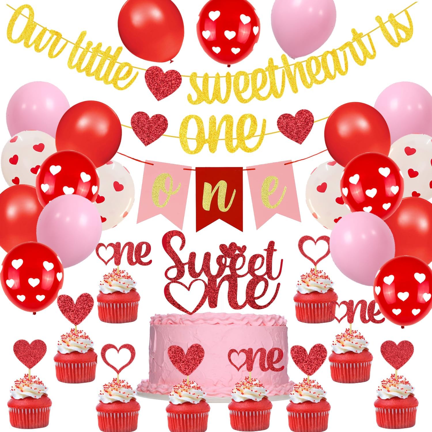 Valentine's 1st Birthday Party Decorations Our Little sweetheart is One Banner sweet One Cake Toppers Valentine's Party Balloons for Valentine's 1st Birthday Sweetheart Party Supplies