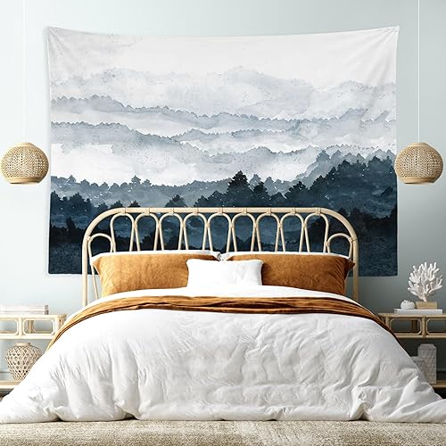 Miniatura 3 de Tapiz de montaña brumosa para colgar en la pared, bosque brumoso, árbol, paisaje, paisaje, paisaje, acuarela azul, montañas, decoración de pared,